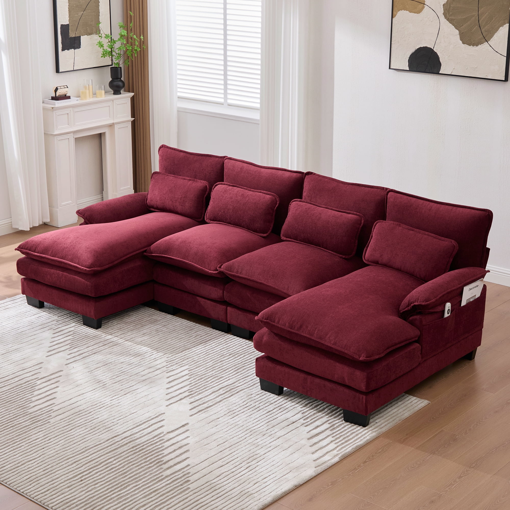 MOONMISS Chenille Upholstered U-Shaped Modular Wood Frame Sleeper Sectional Sofa with Double Chaise-Claret Red