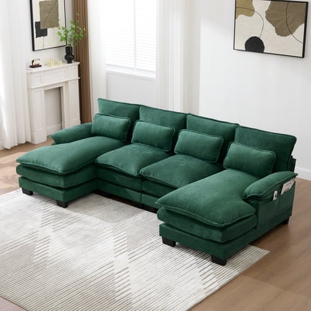MOONMISS Chenille Upholstered U-Shaped Modular Wood Frame Sleeper Sectional Sofa with Double Chaise-Emerald