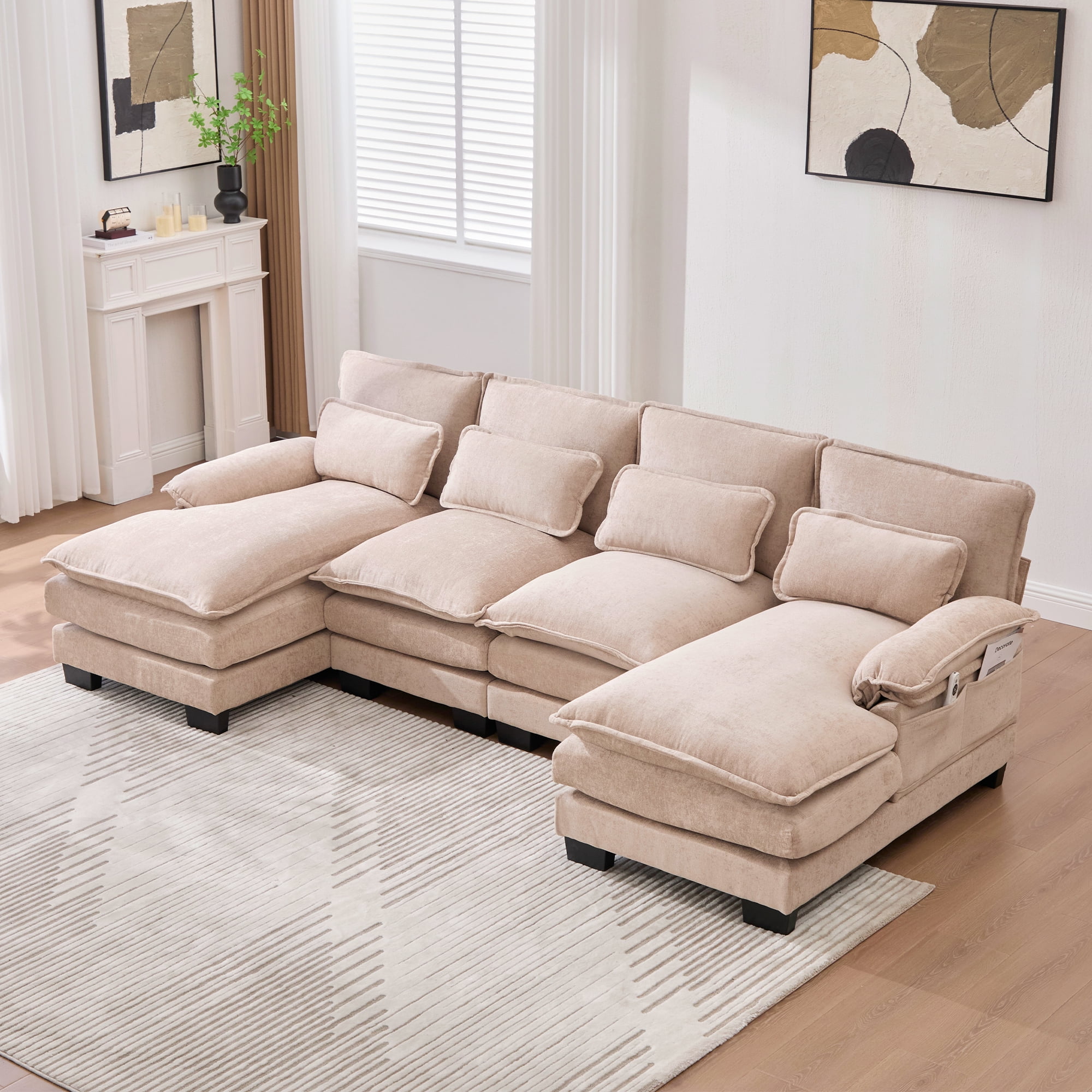 MOONMISS Chenille Upholstered U-Shaped Modular Wood Frame Sleeper Sectional Sofa with Double Chaise-Khaki