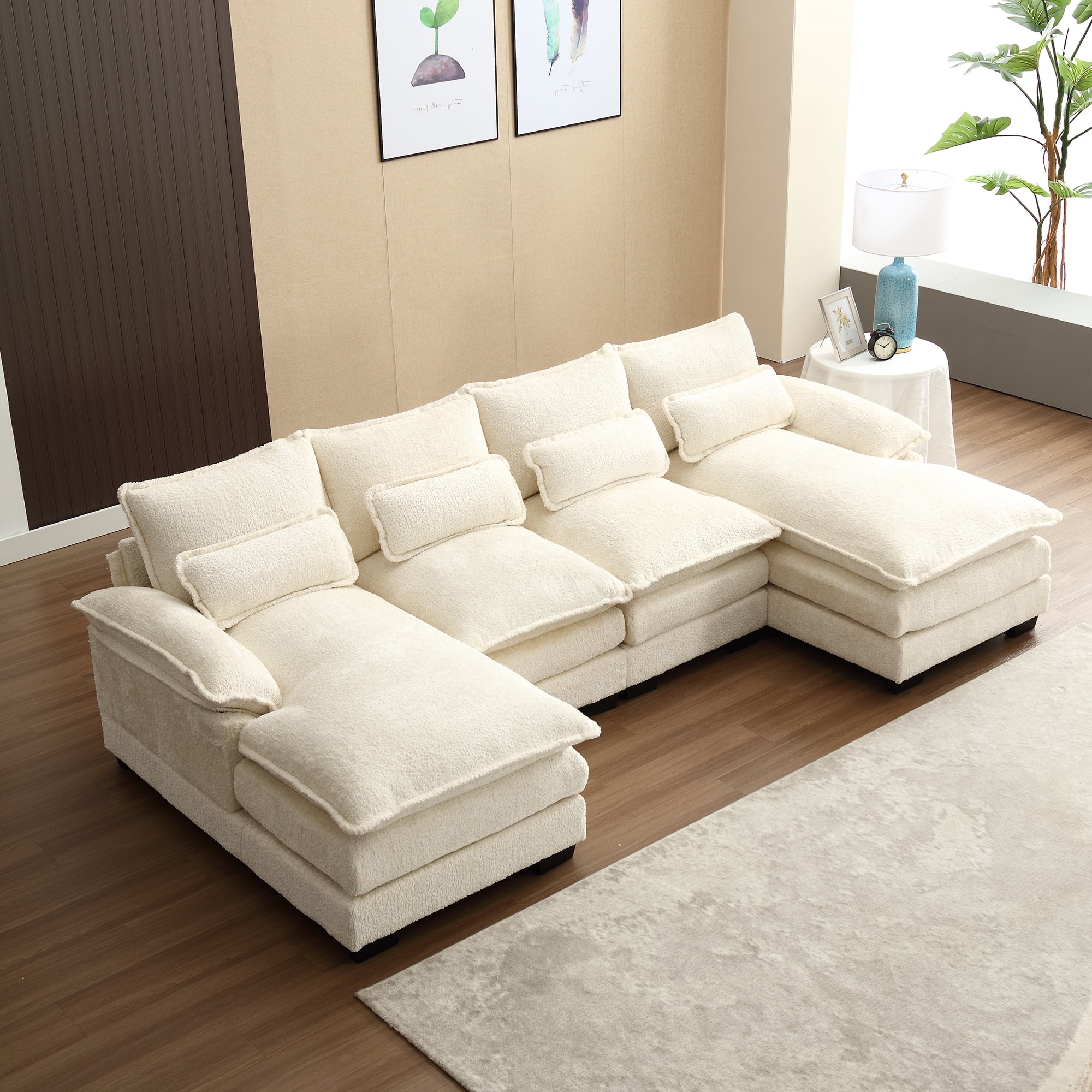 MOONMISS Chenille Upholstered U-Shaped Oversized four-seater Living Room Sectional Sofa With Wooden Frame-Beige
