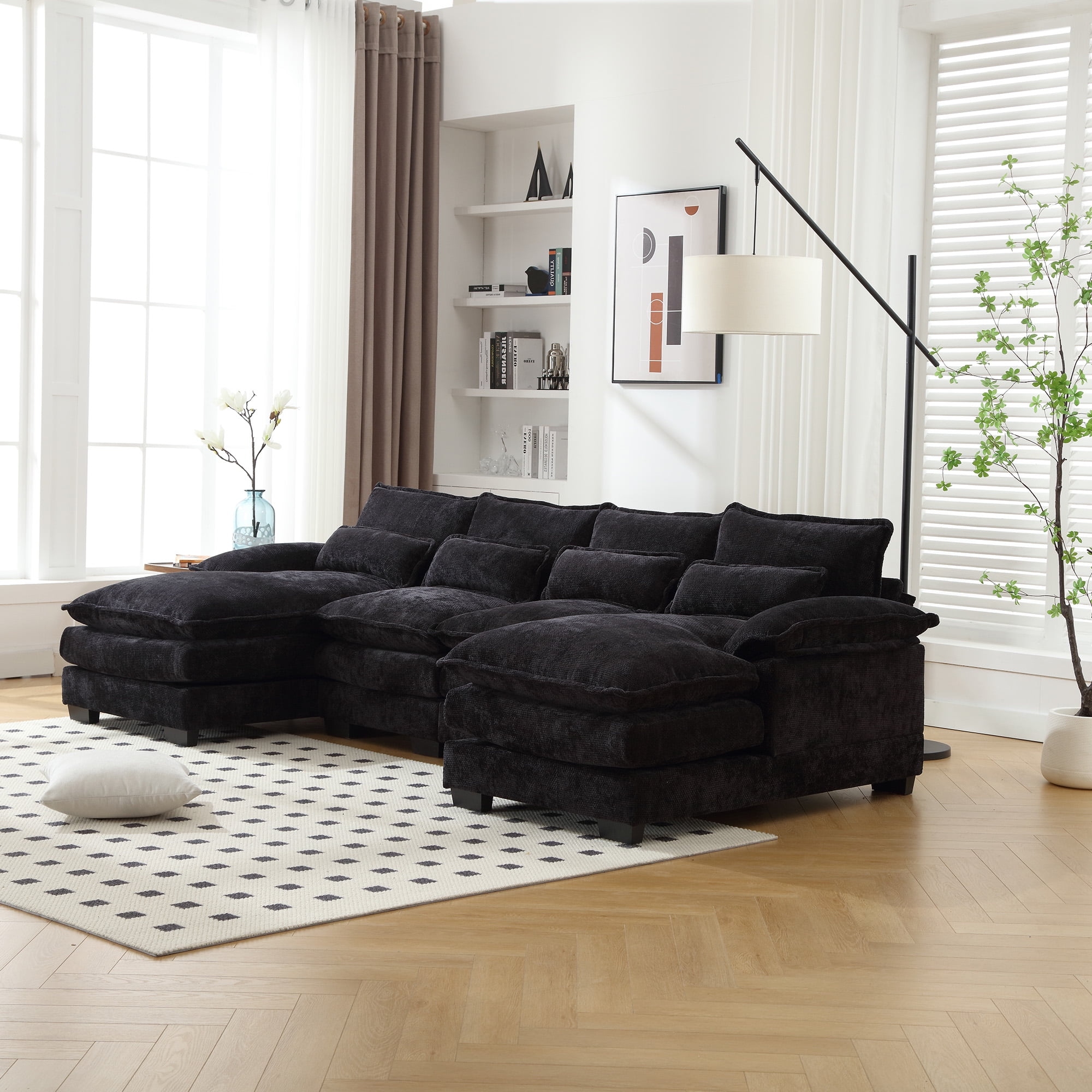 MOONMISS Chenille Upholstered U-Shaped Oversized four-seater Living Room Sectional Sofa With Wooden Frame-Black