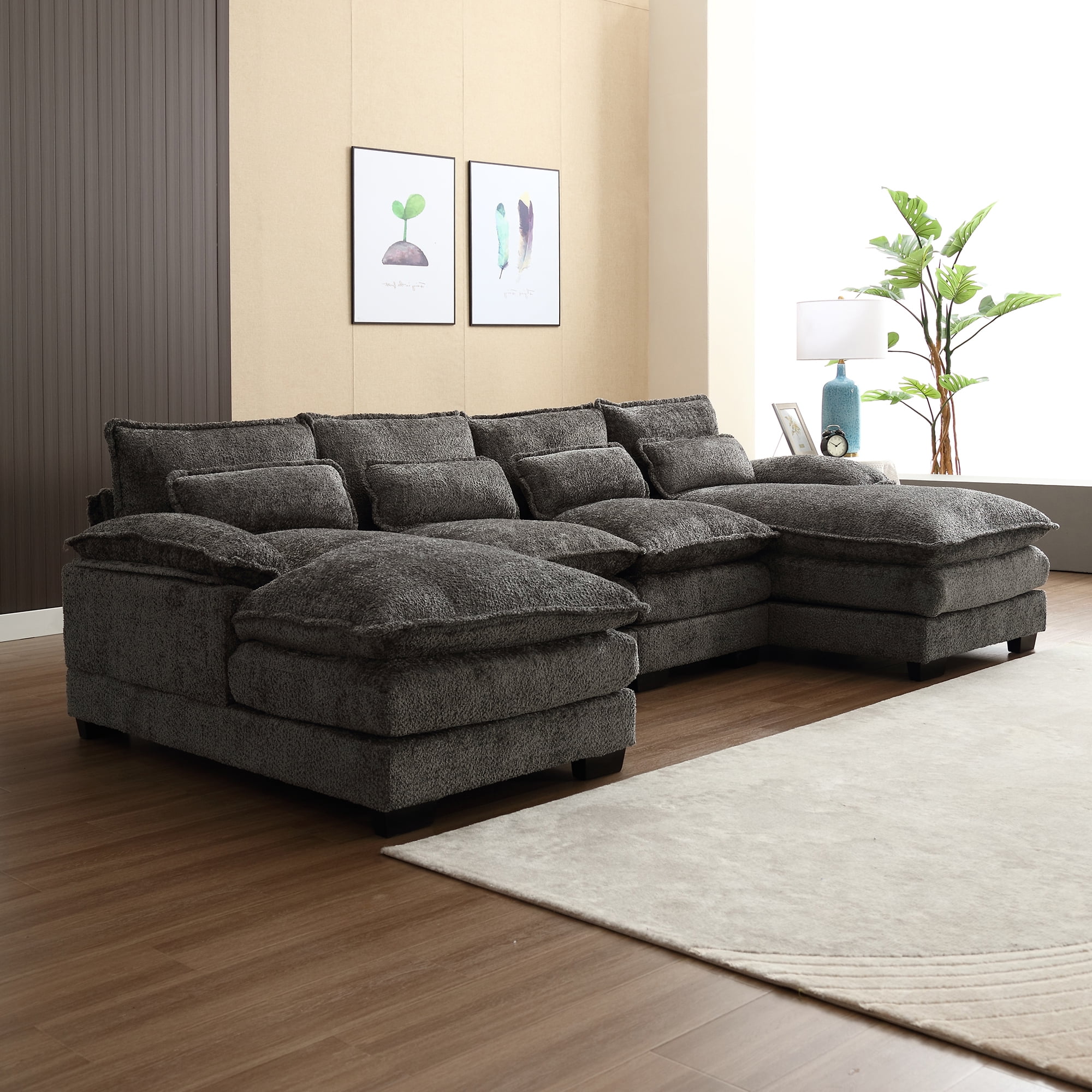 MOONMISS Chenille Upholstered U-Shaped Oversized four-seater Living Room Sectional Sofa With Wooden Frame-Gray