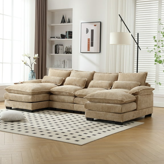 MOONMISS Chenille Upholstered U-Shaped Oversized four-seater Living Room Sectional Sofa With Wooden Frame-Khaki