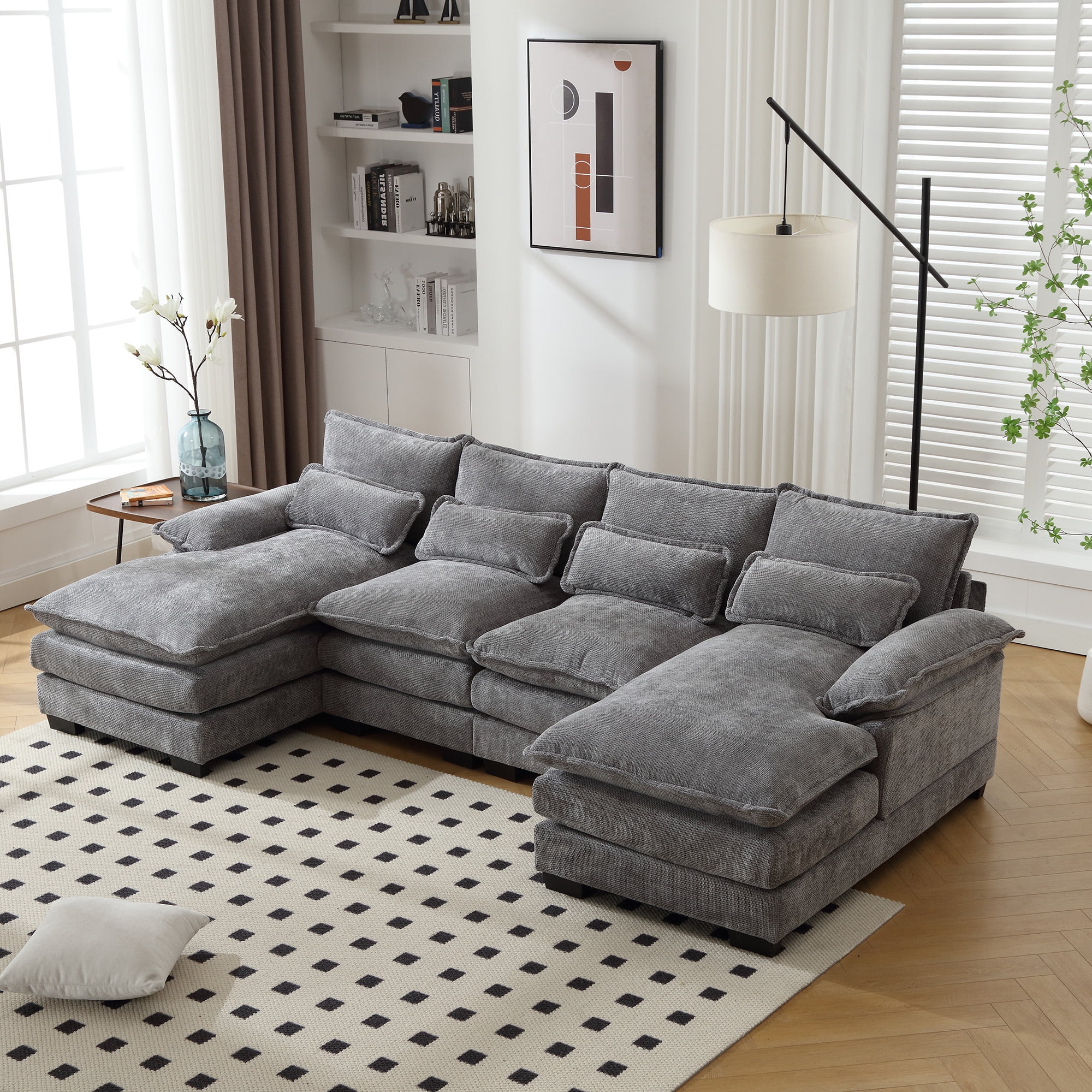 MOONMISS Chenille Upholstered U-Shaped Oversized four-seater Living Room Sectional Sofa With Wooden Frame-Light Gray