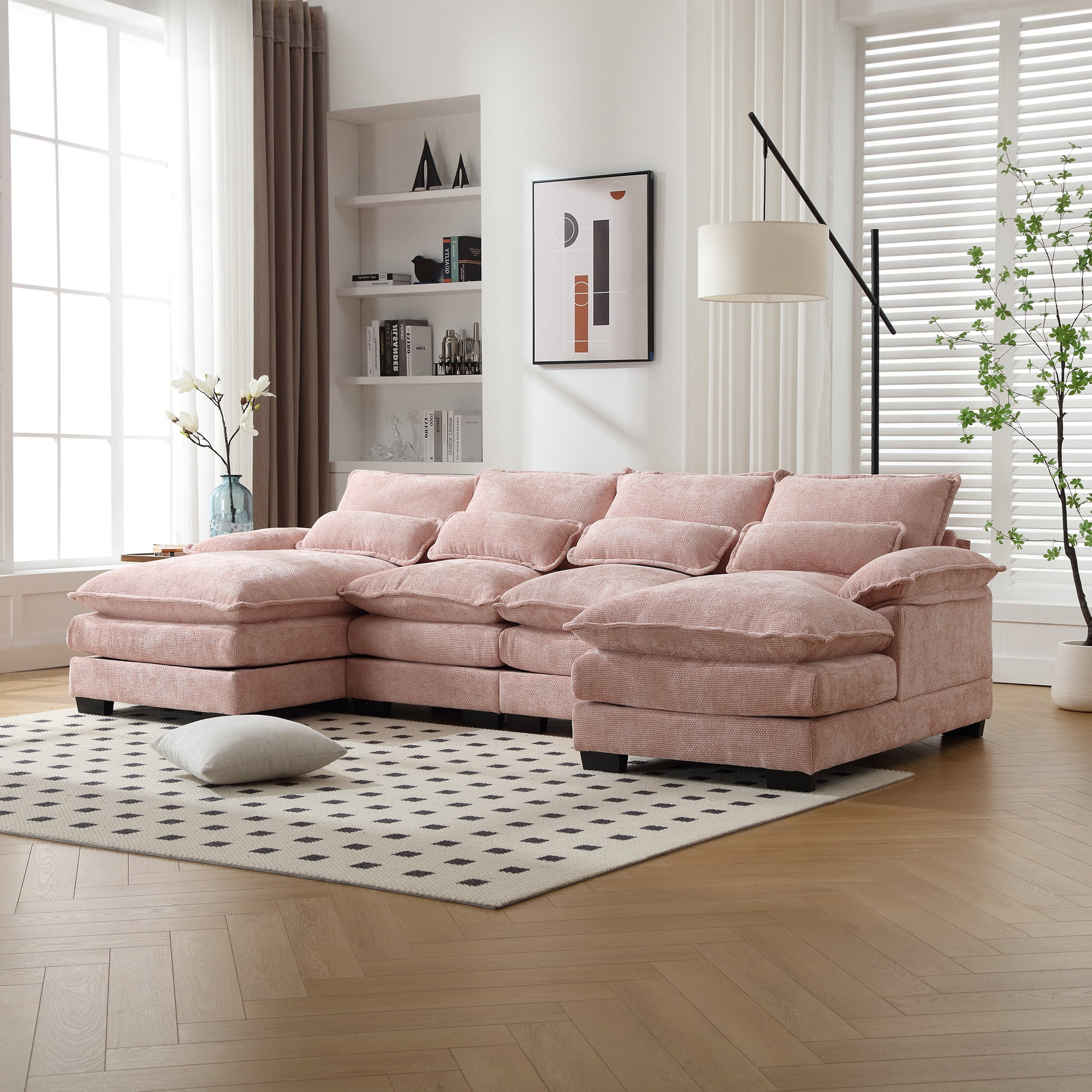MOONMISS Chenille Upholstered U-Shaped Oversized four-seater Living Room Sectional Sofa With Wooden Frame-Pink