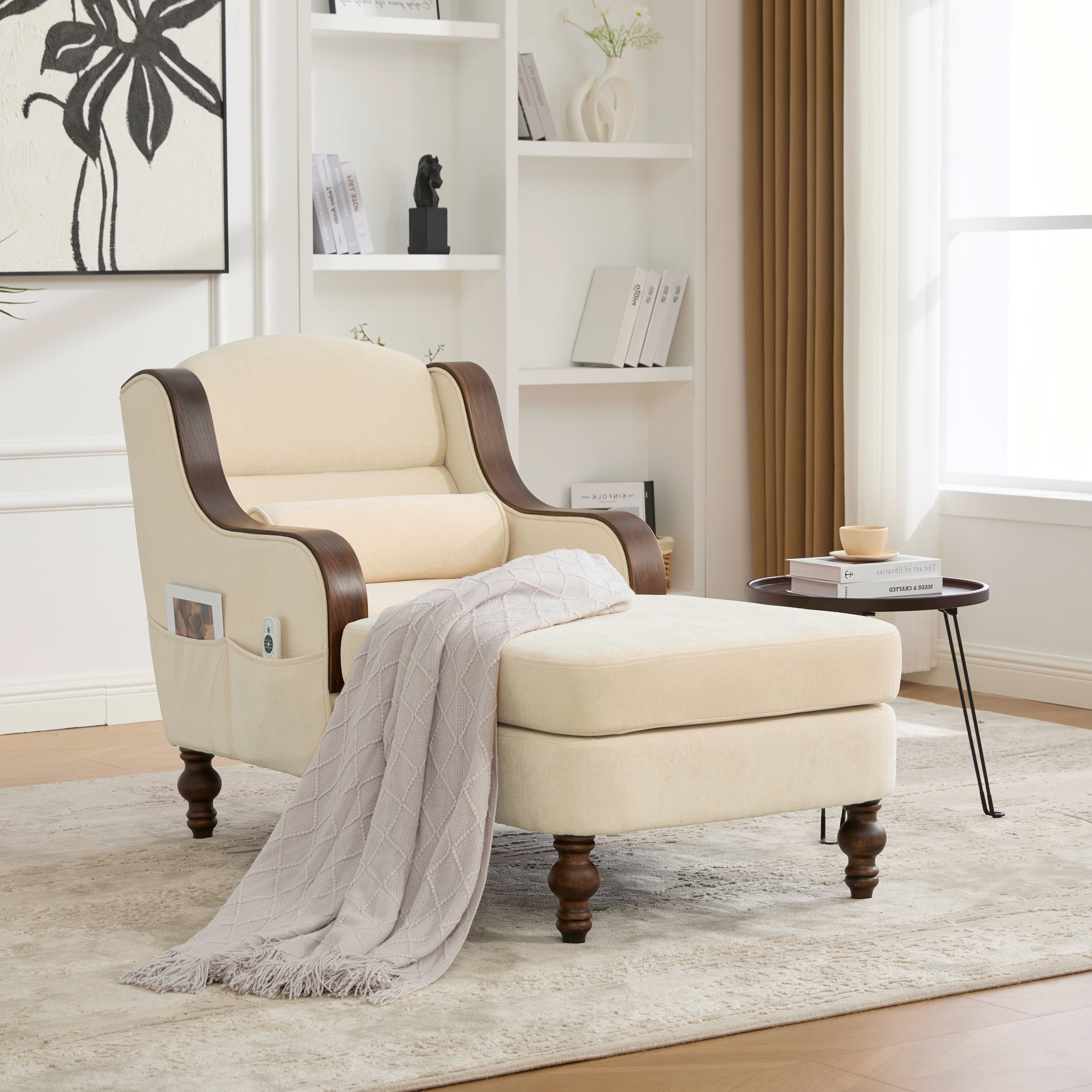 MOONMISS Chenille Upholstered Wood Frame Oversized Chaise Lounge with Side Pocket for Living Room,Bedroom-Beige