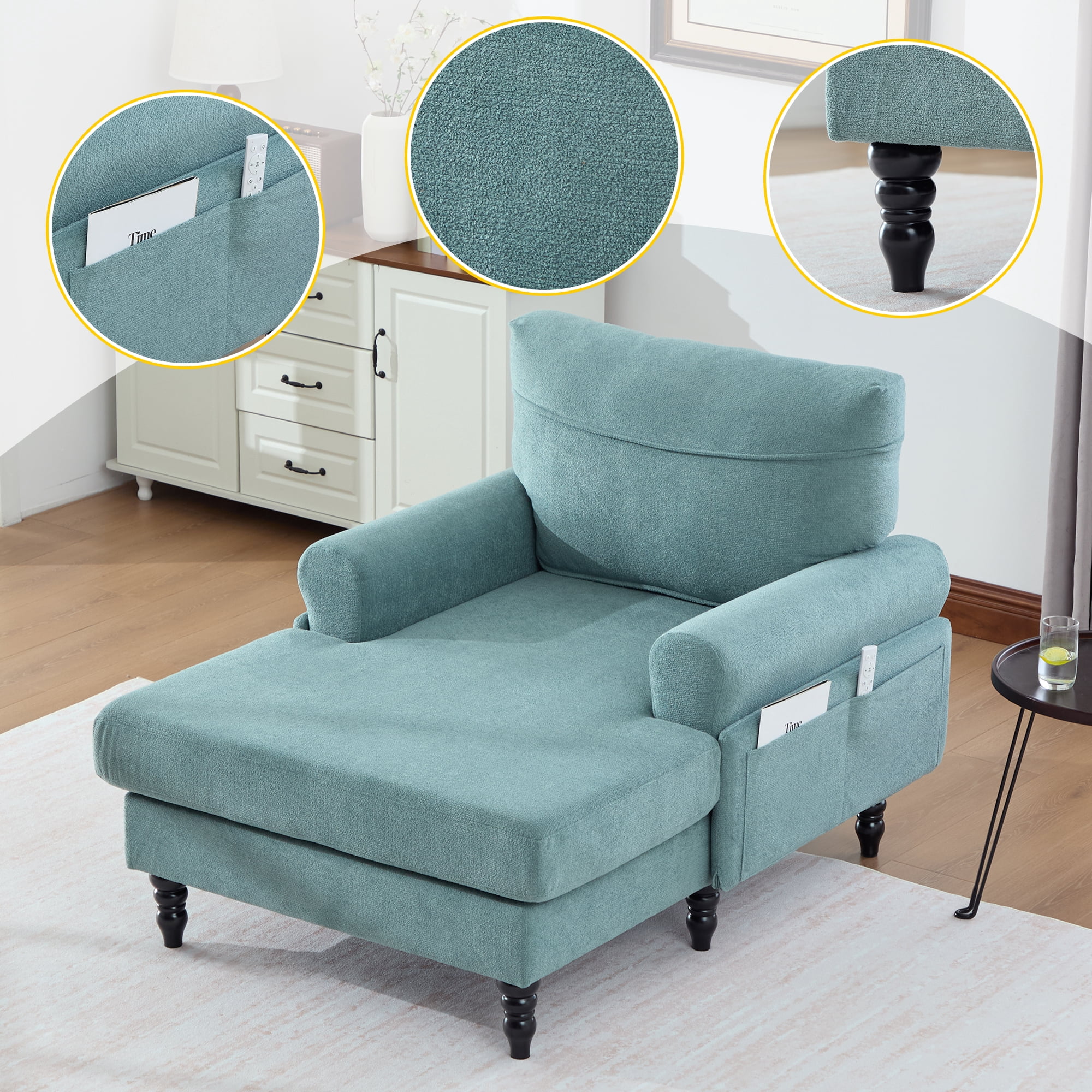 MOONMISS Chenille Upholstered Wood Frame Recliner Single Sofa with Comfortable Backrest and Armrests-Mint Green