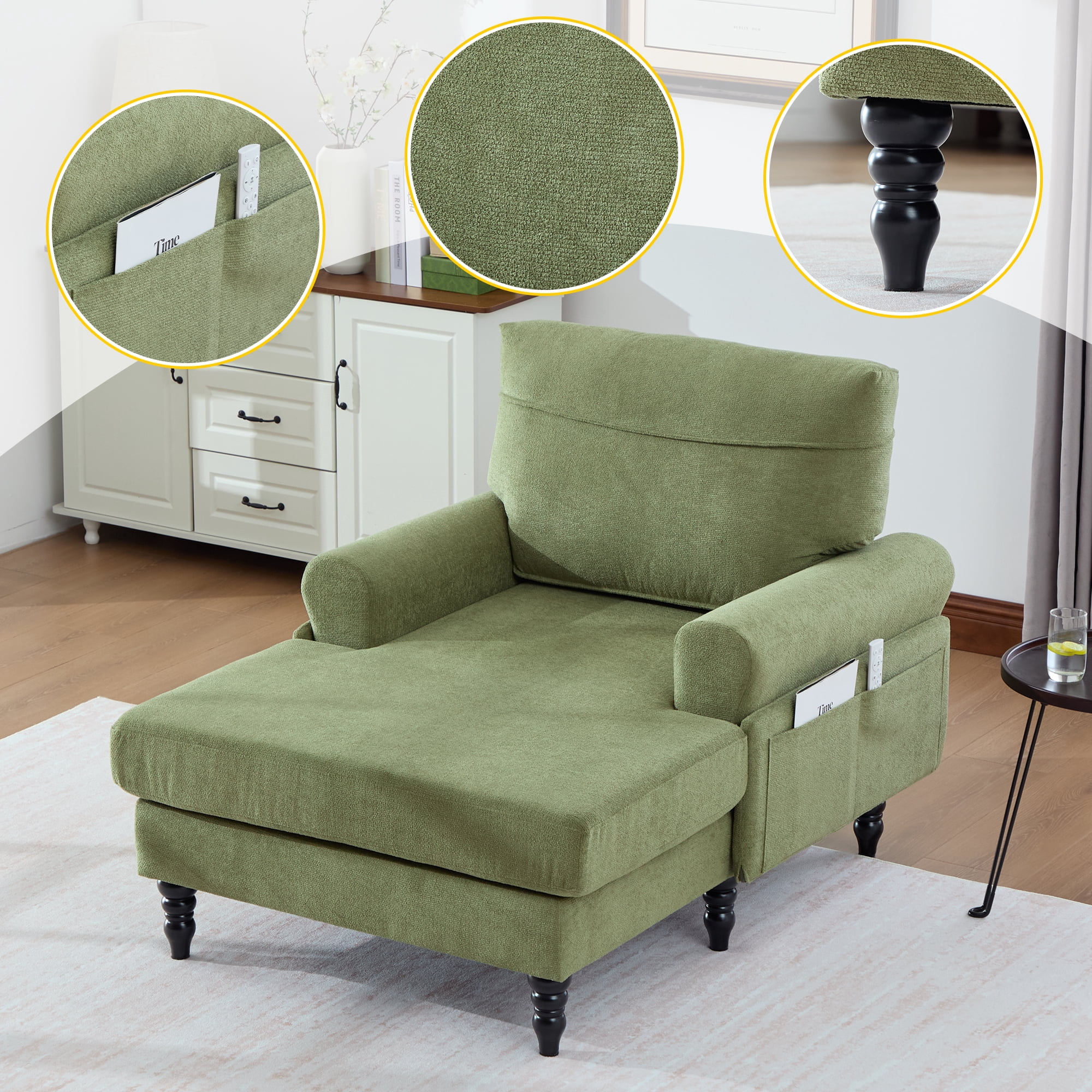 MOONMISS Chenille Upholstered Wood Frame Recliner Single Sofa with Comfortable Backrest and Armrests-Olive Green