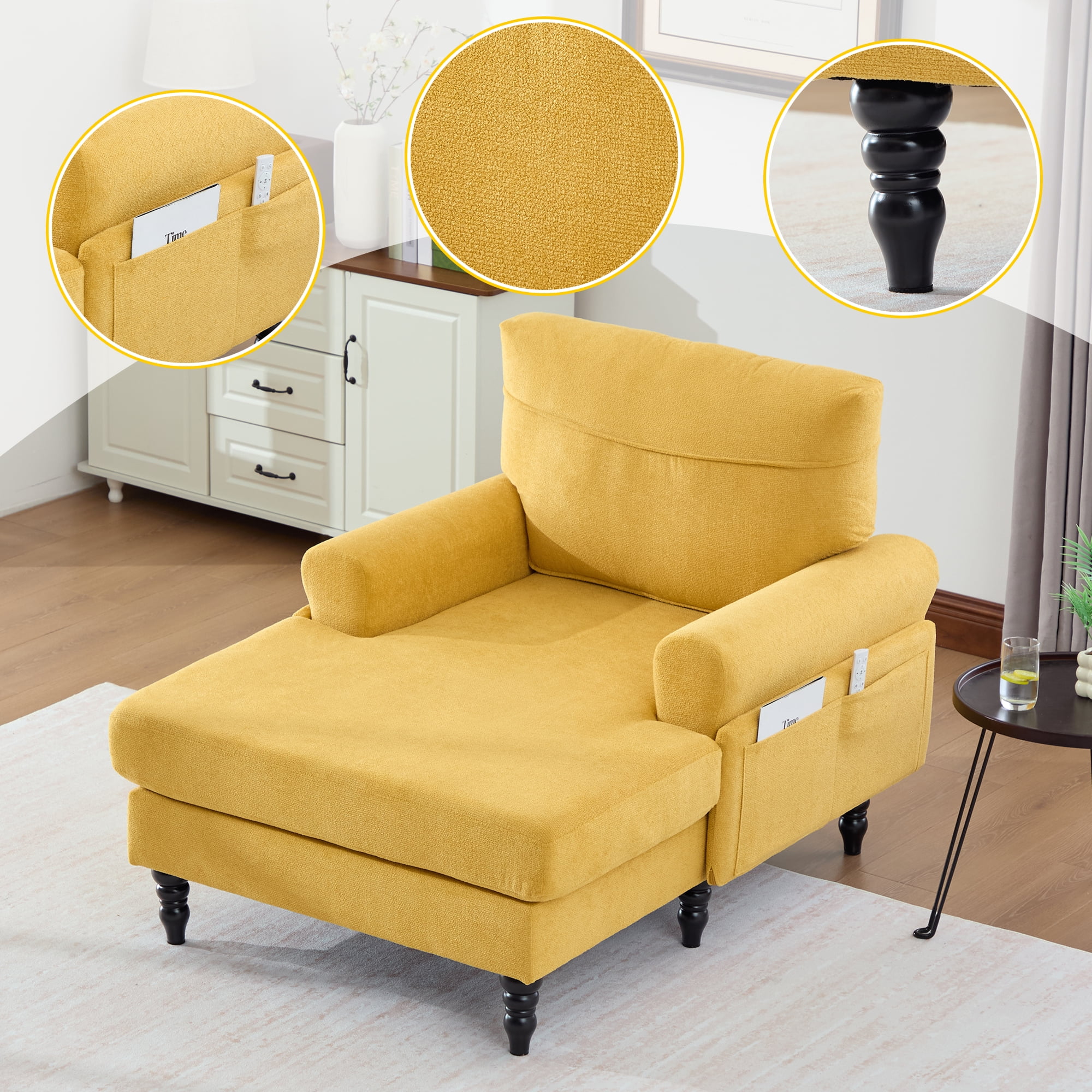 MOONMISS Chenille Upholstered Wood Frame Recliner Single Sofa with Comfortable Backrest and Armrests-Yellow