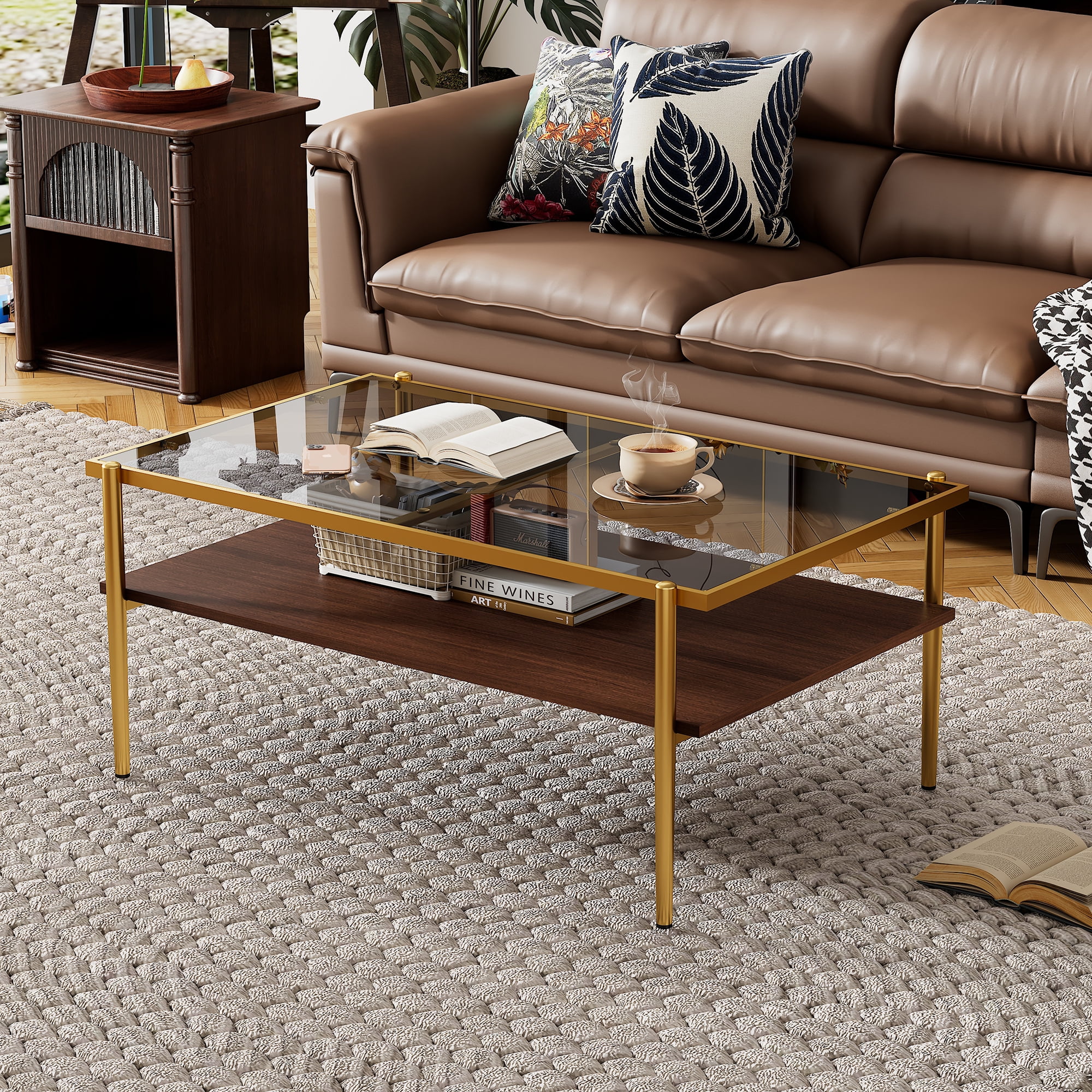MOONMISS Coffee Glass Table,Tempered Glass top and Golden Legs,Modern Table for Living Room