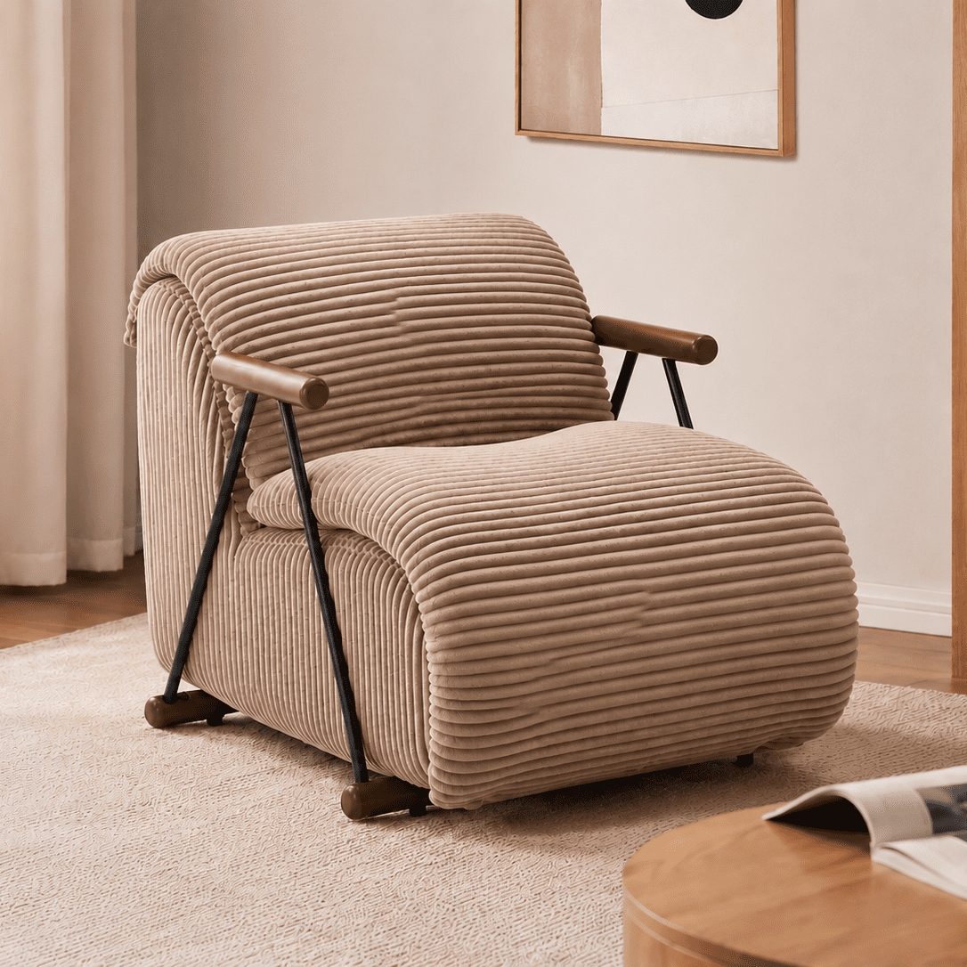 MOONMISS Corduroy Accent Chair, Upholstered Lounge Armchair with Solid Wood Armrests & Minimalist Metal Frame for Living Room, Bedroom,Brown