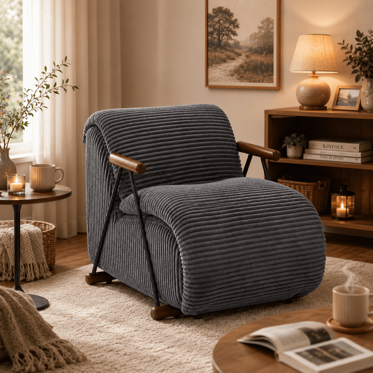 MOONMISS Corduroy Accent Chair, Upholstered Lounge Armchair with Solid Wood Armrests & Minimalist Metal Frame for Living Room, Bedroom,Gray