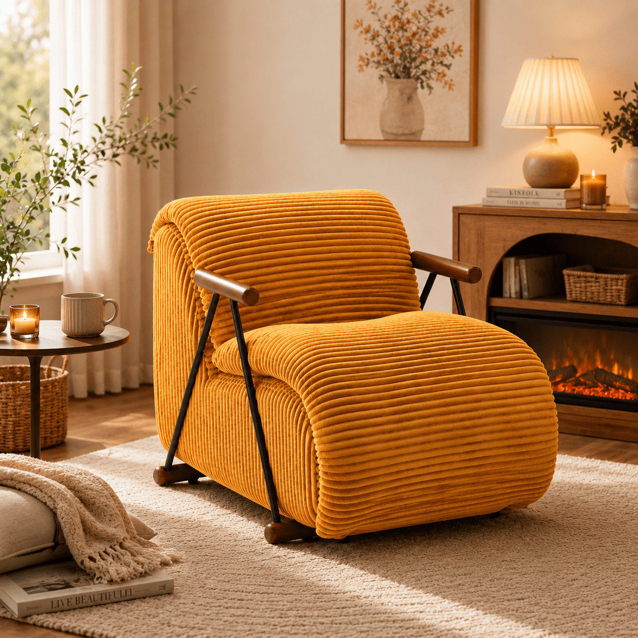 MOONMISS Corduroy Accent Chair, Upholstered Lounge Armchair with Solid Wood Armrests & Minimalist Metal Frame for Living Room, Bedroom,Yellow