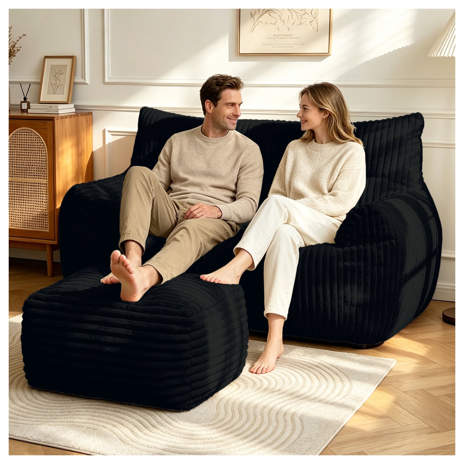 MOONMISS Corduroy Double Bean Bag Sofa with Ottoman 2-Seater Cloud Soft for Living Room Bedroom,Black