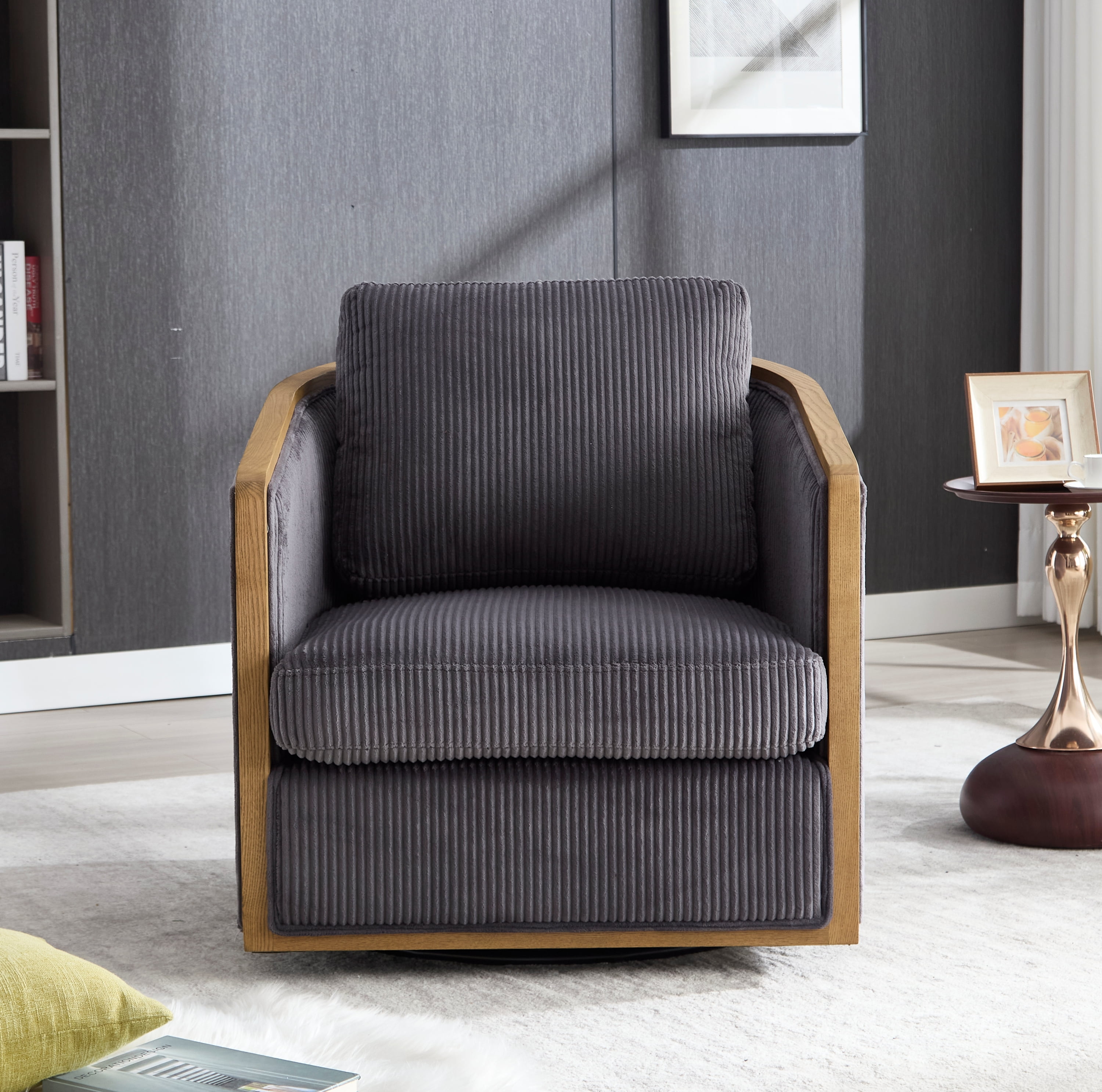 MOONMISS Corduroy Upholstered 360°Swivel Comfortable Round Barrel Chair for Living Room,Bedroom-Dark Gray