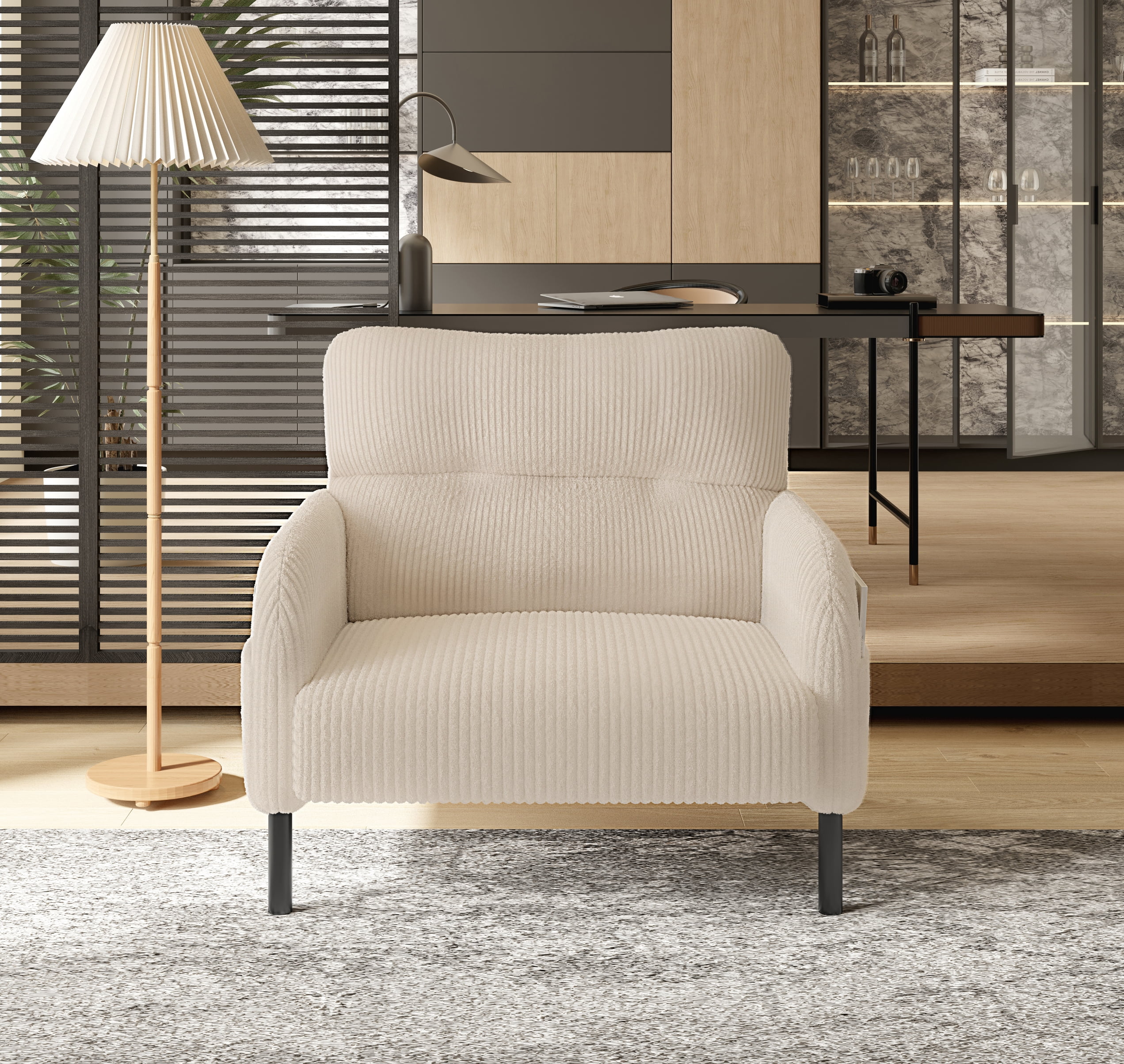 MOONMISS Corduroy Upholstered Comfortable Single Wood Frame Armchair for Living room and Bedroom-Beige
