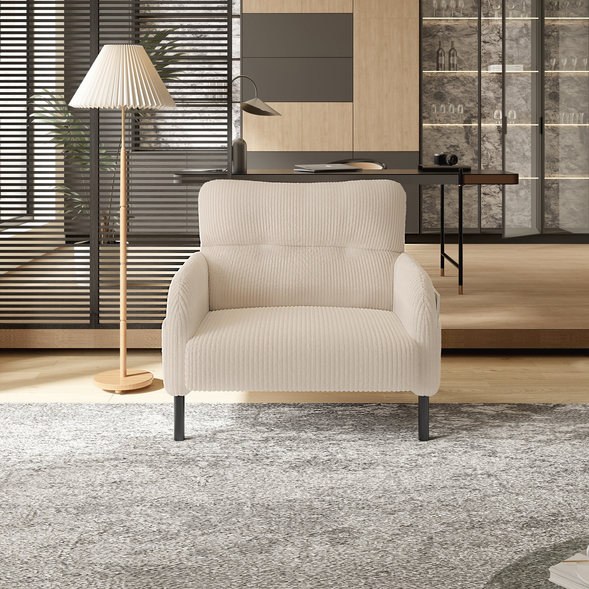 MOONMISS Corduroy Upholstered Comfortable Single Wood Frame Armchair for Living room and Bedroom-Beige