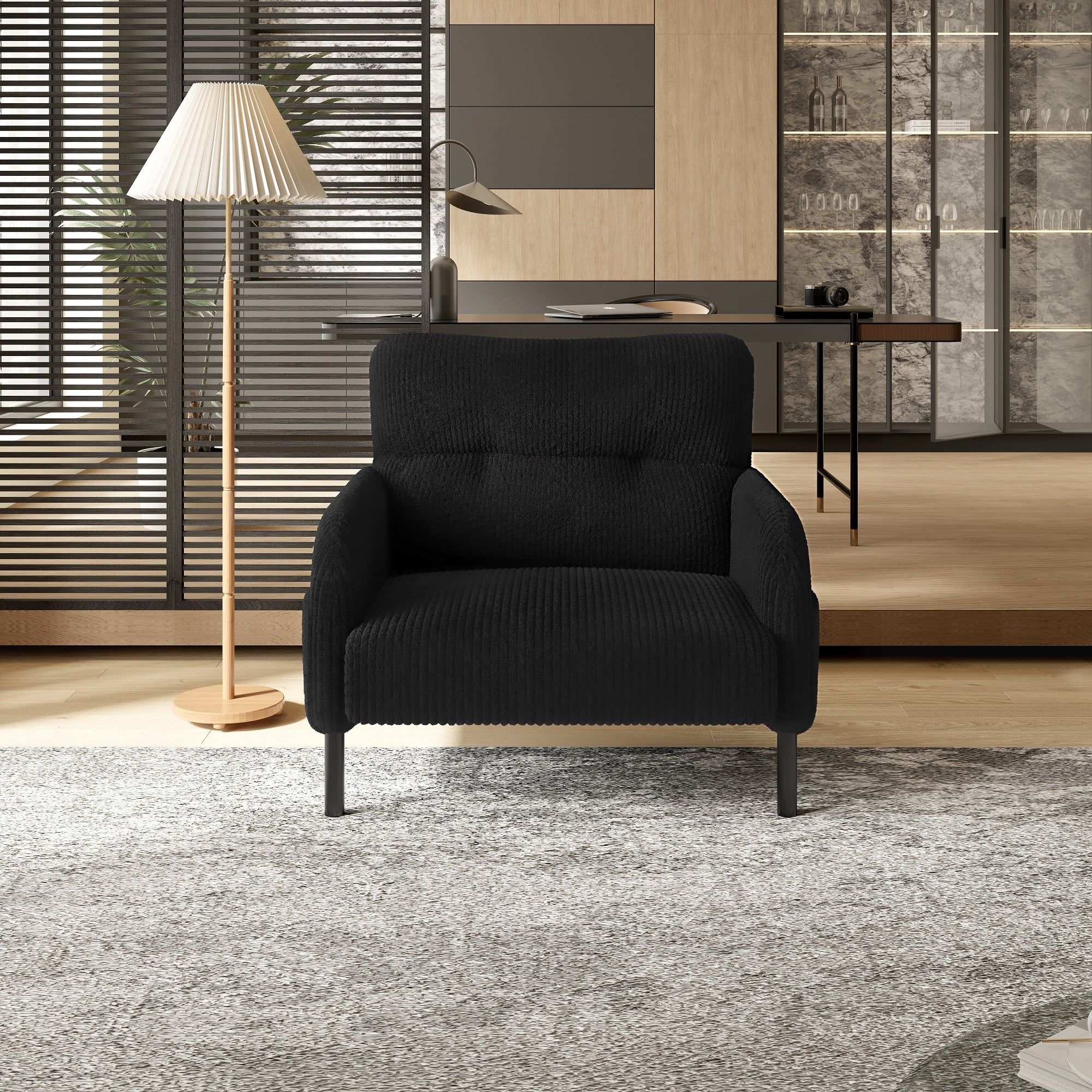 MOONMISS Corduroy Upholstered Comfortable Single Wood Frame Armchair for Living room and Bedroom-Black