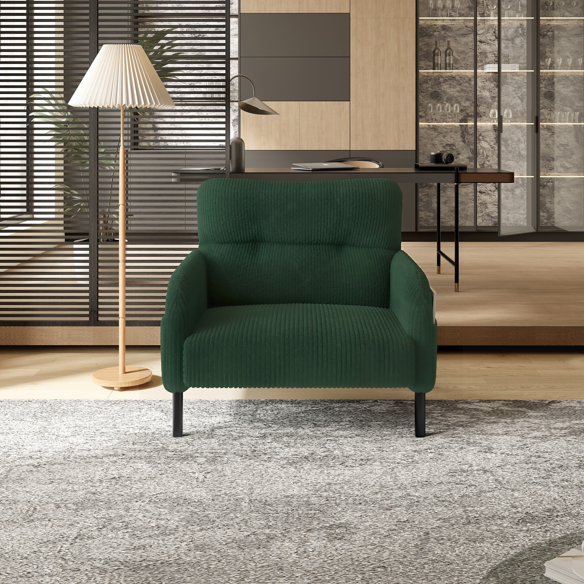 MOONMISS Corduroy Upholstered Comfortable Single Wood Frame Armchair for Living room and Bedroom-Emerald