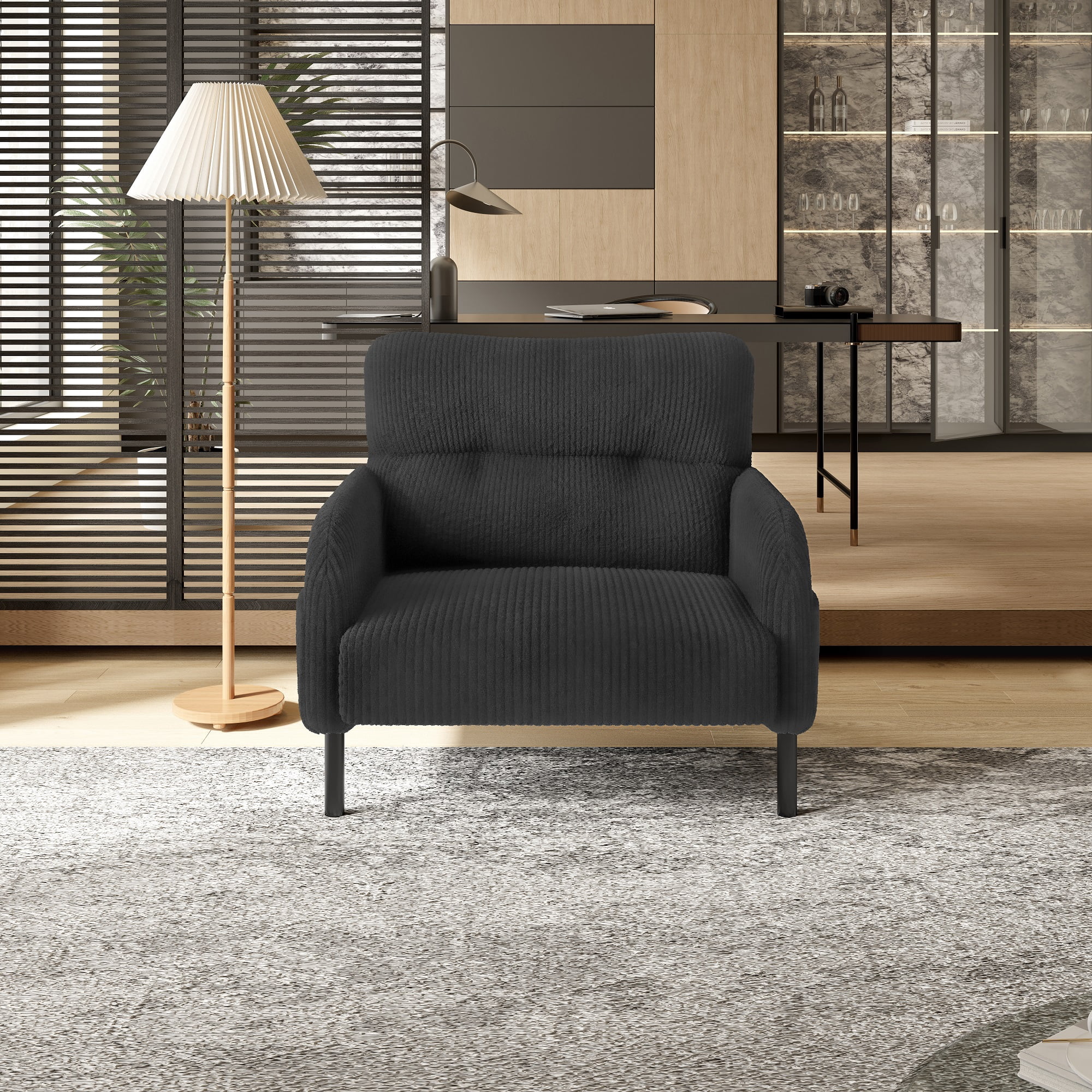 MOONMISS Corduroy Upholstered Comfortable Single Wood Frame Armchair for Living room and Bedroom-Gray