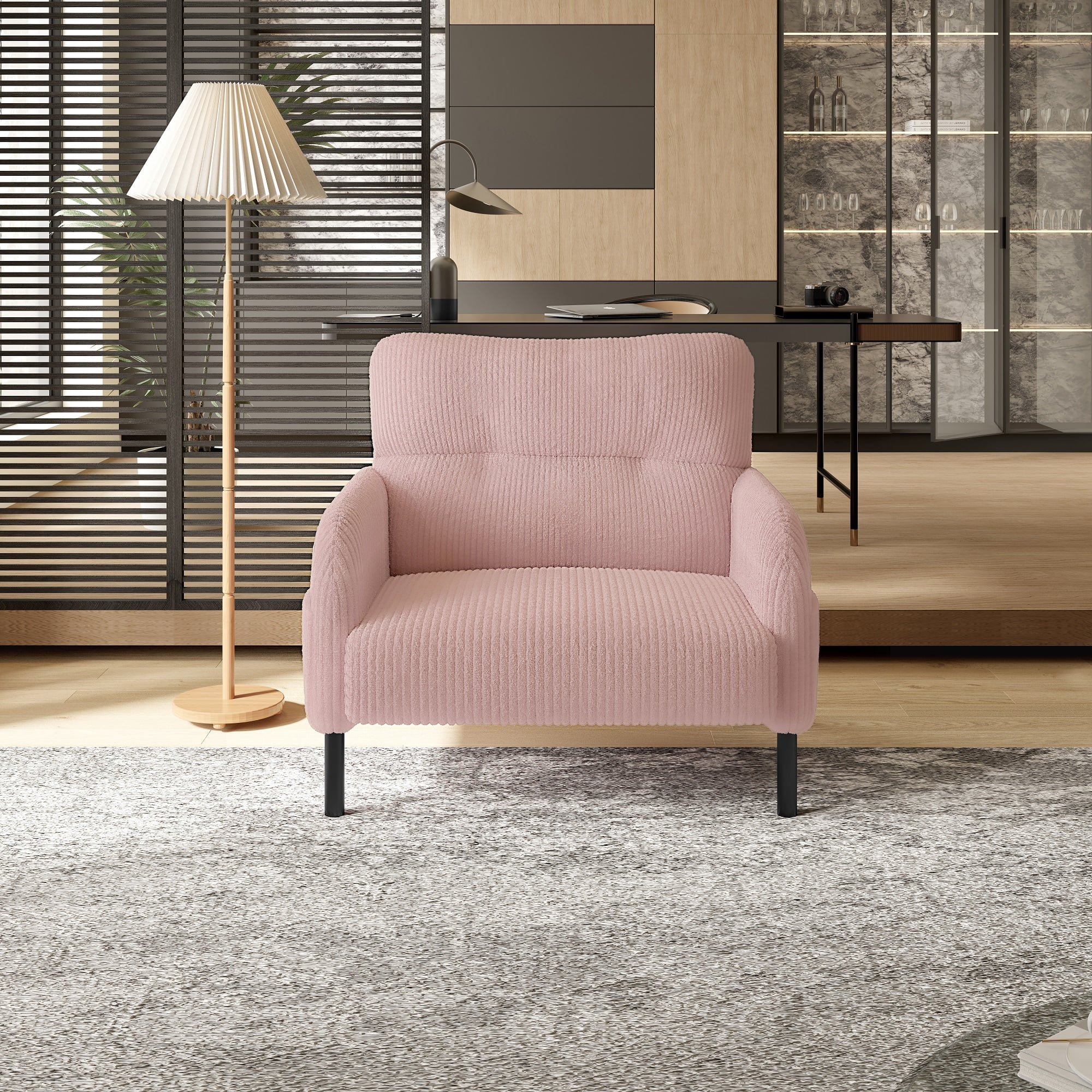 MOONMISS Corduroy Upholstered Comfortable Single Wood Frame Armchair for Living room and Bedroom-Pink