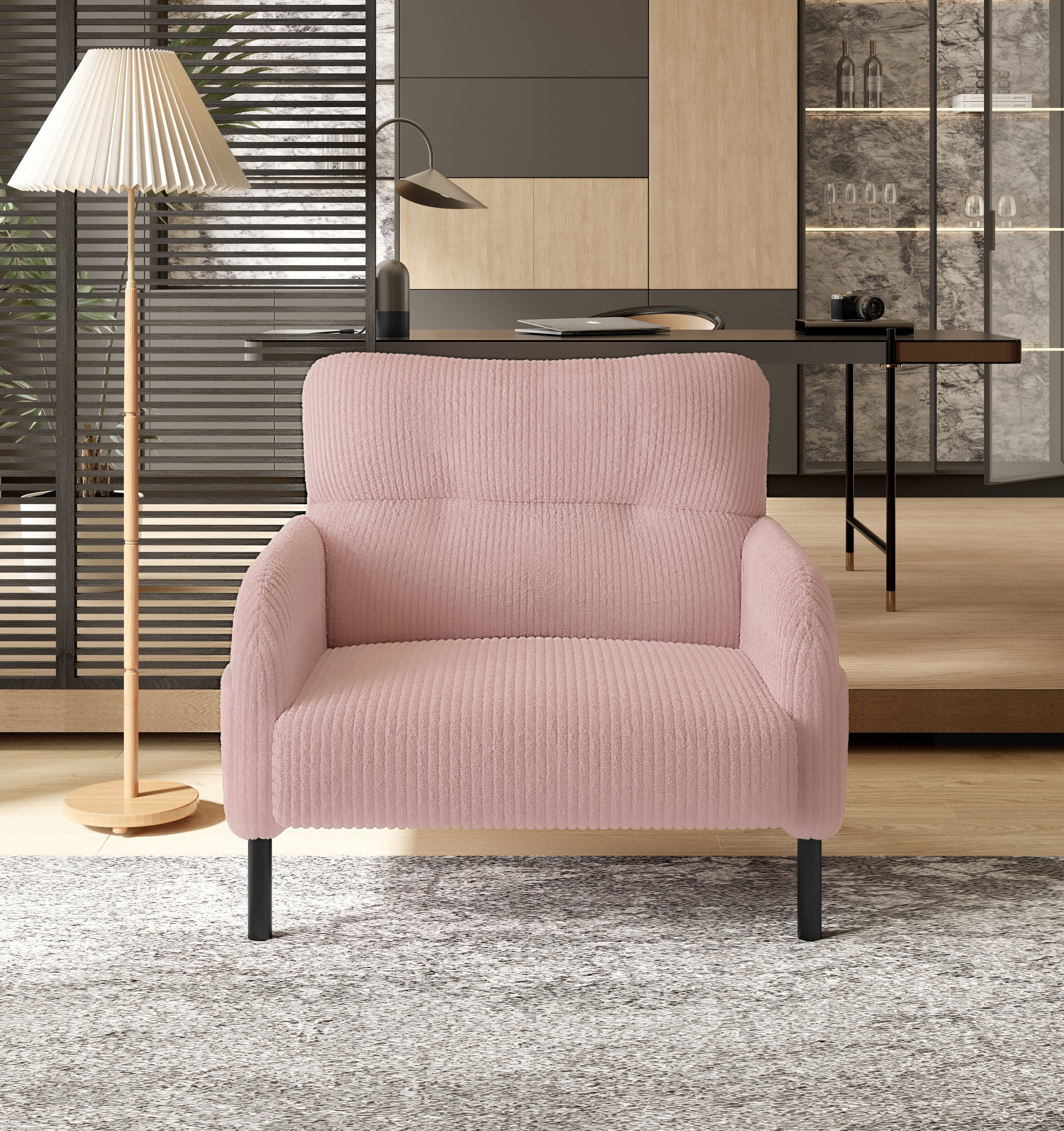 MOONMISS Corduroy Upholstered Comfortable Single Wood Frame Armchair for Living room and Bedroom-Pink