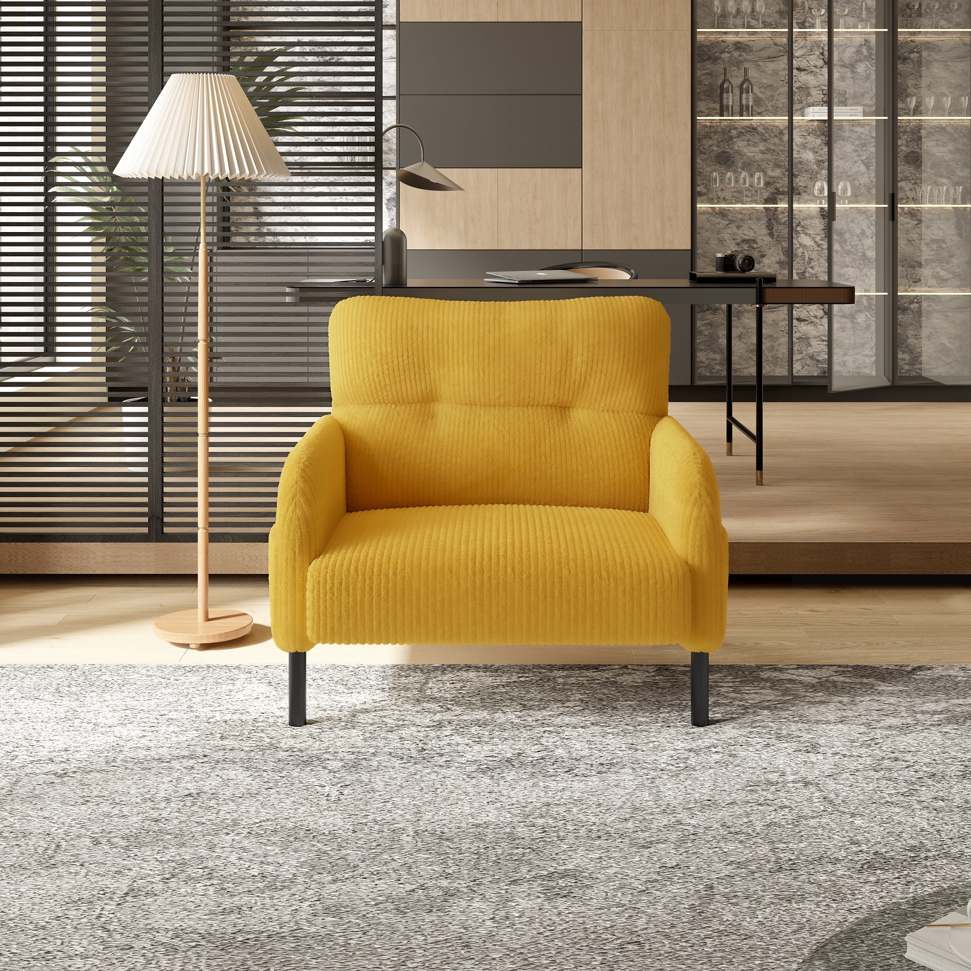 MOONMISS Corduroy Upholstered Comfortable Single Wood Frame Armchair for Living room and Bedroom-Yellow
