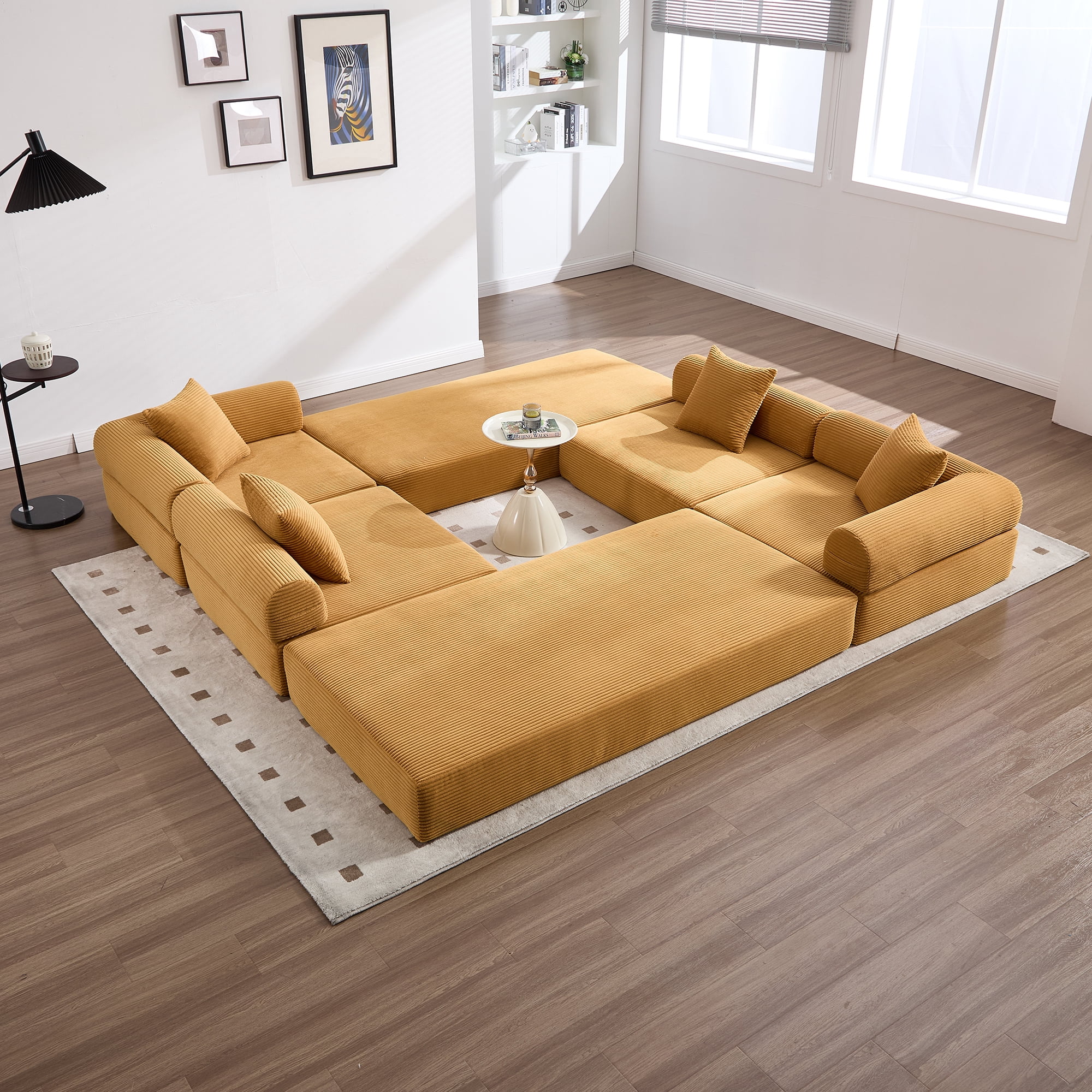 MOONMISS Corduroy Upholstered Convertible Folding Sofa Bed with Fixed Frame and Pillow Back Handrail-Yellow