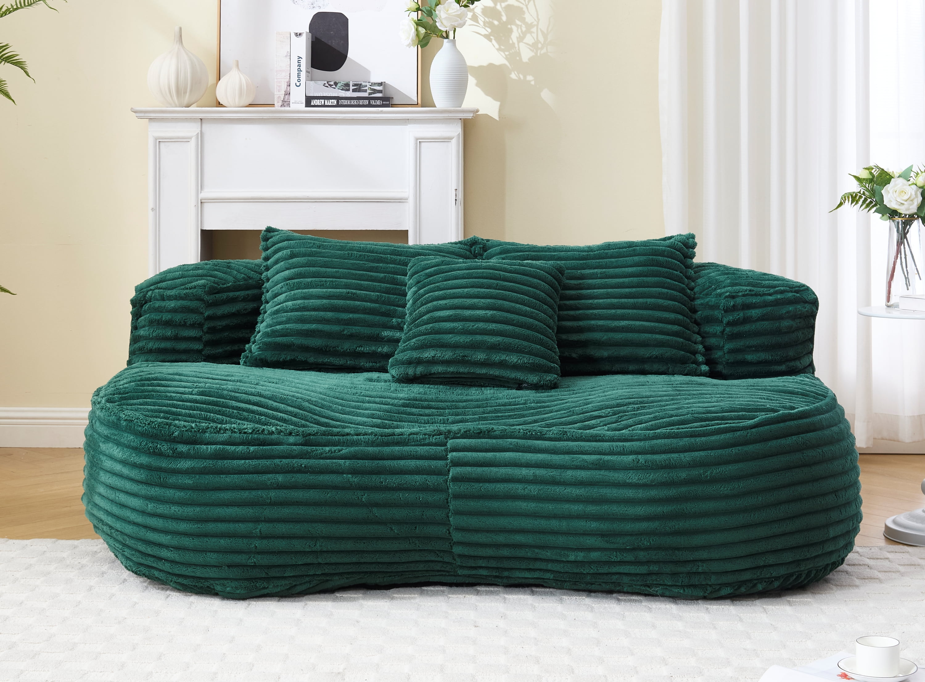 MOONMISS Corduroy Upholstered Durable Comfort Lounger Bean Bag Lazy Sofa with 3 Pillows-Emerald