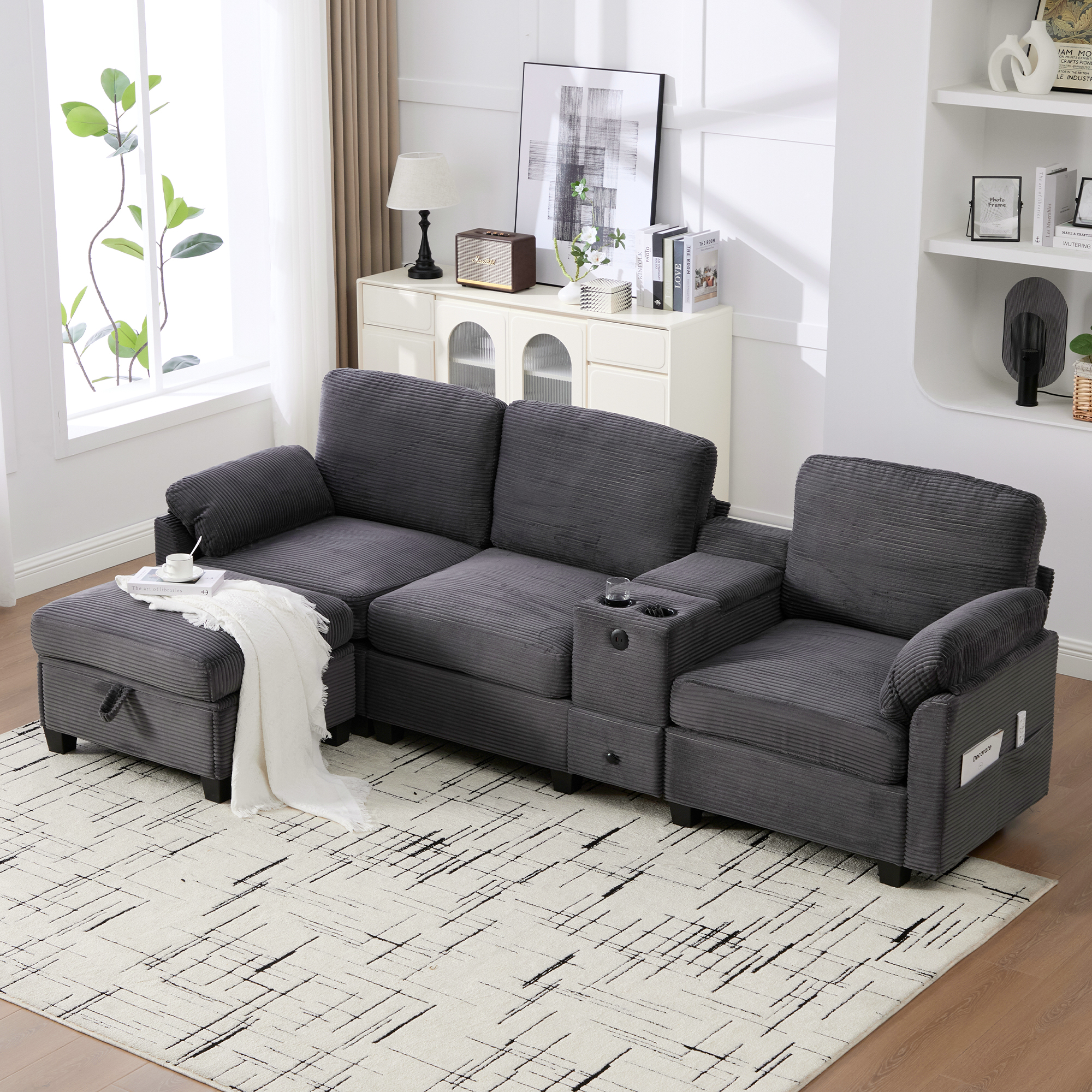 MOONMISS Corduroy Upholstered L-Shaped 4-seater Storage Multifunctional Sectional Sofa with Storage Ottoman-Dark Grey