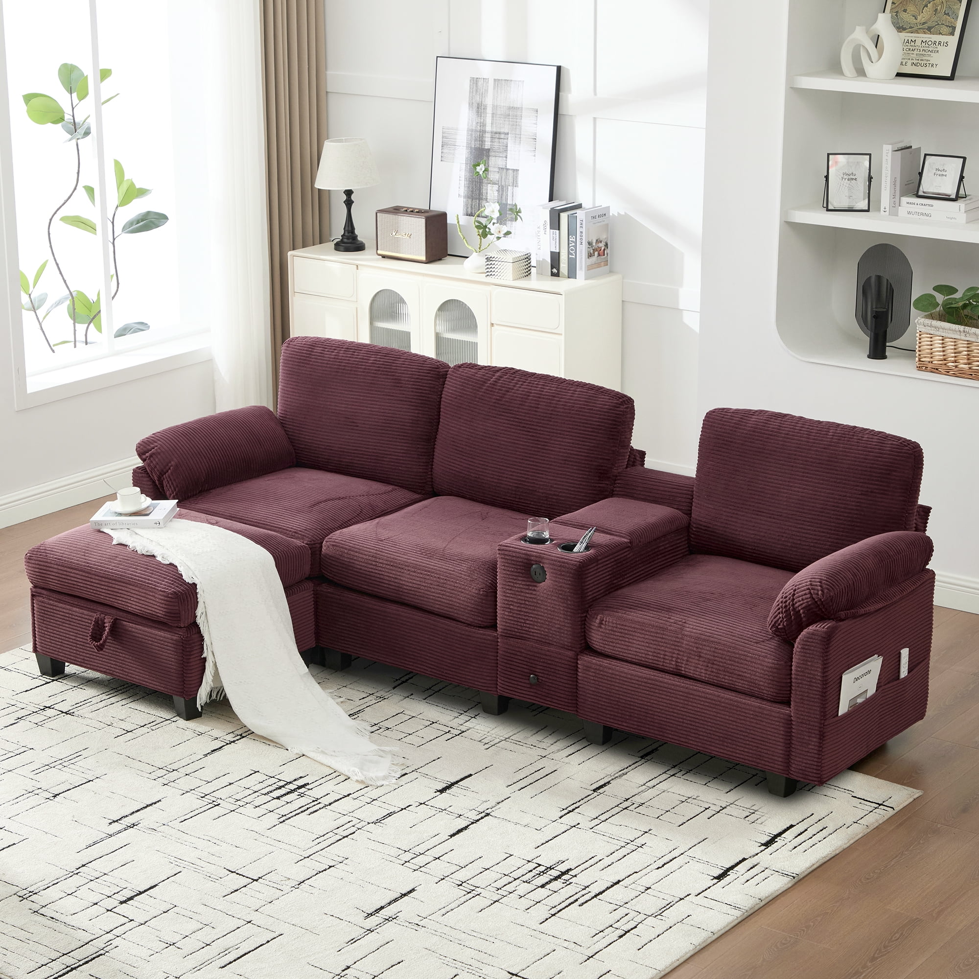 MOONMISS Corduroy Upholstered L-Shaped 4-seater Storage Multifunctional Sectional Sofa with Storage Ottoman-Dark Red
