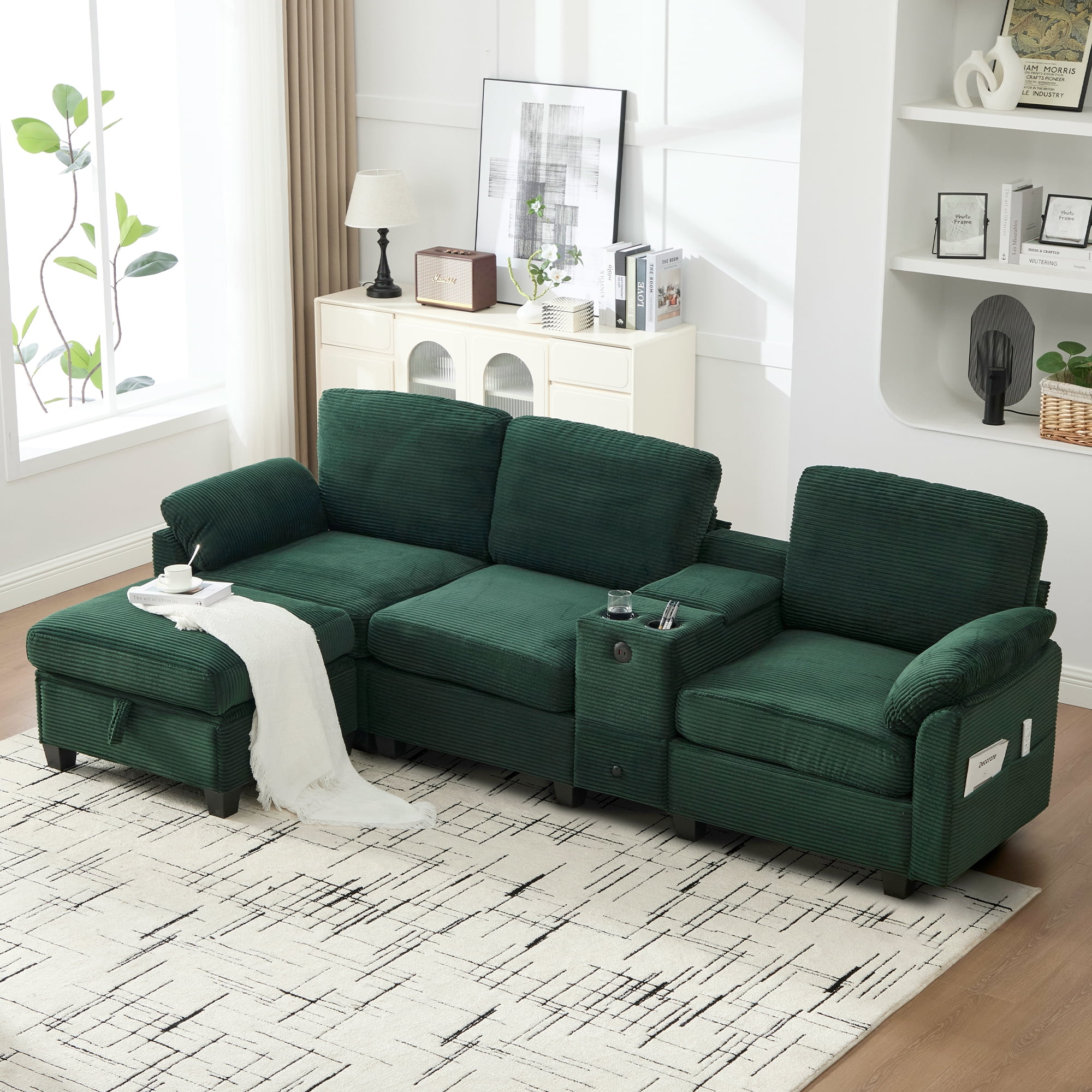 MOONMISS Corduroy Upholstered L-Shaped 4-seater Storage Multifunctional Sectional Sofa with Storage Ottoman-Emerald