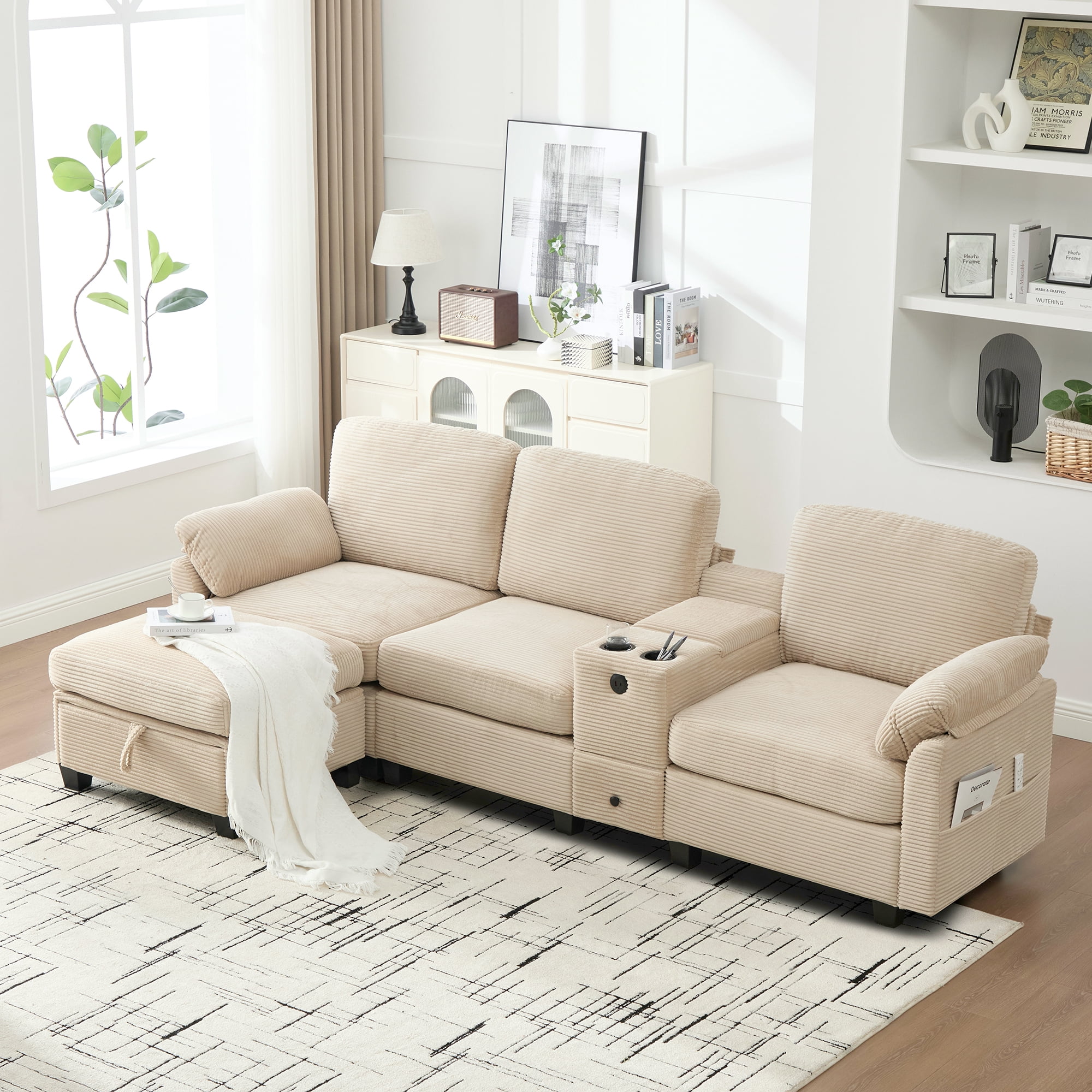 MOONMISS Corduroy Upholstered L-Shaped 4-seater Storage Multifunctional Sectional Sofa with Storage Ottoman-Khaki