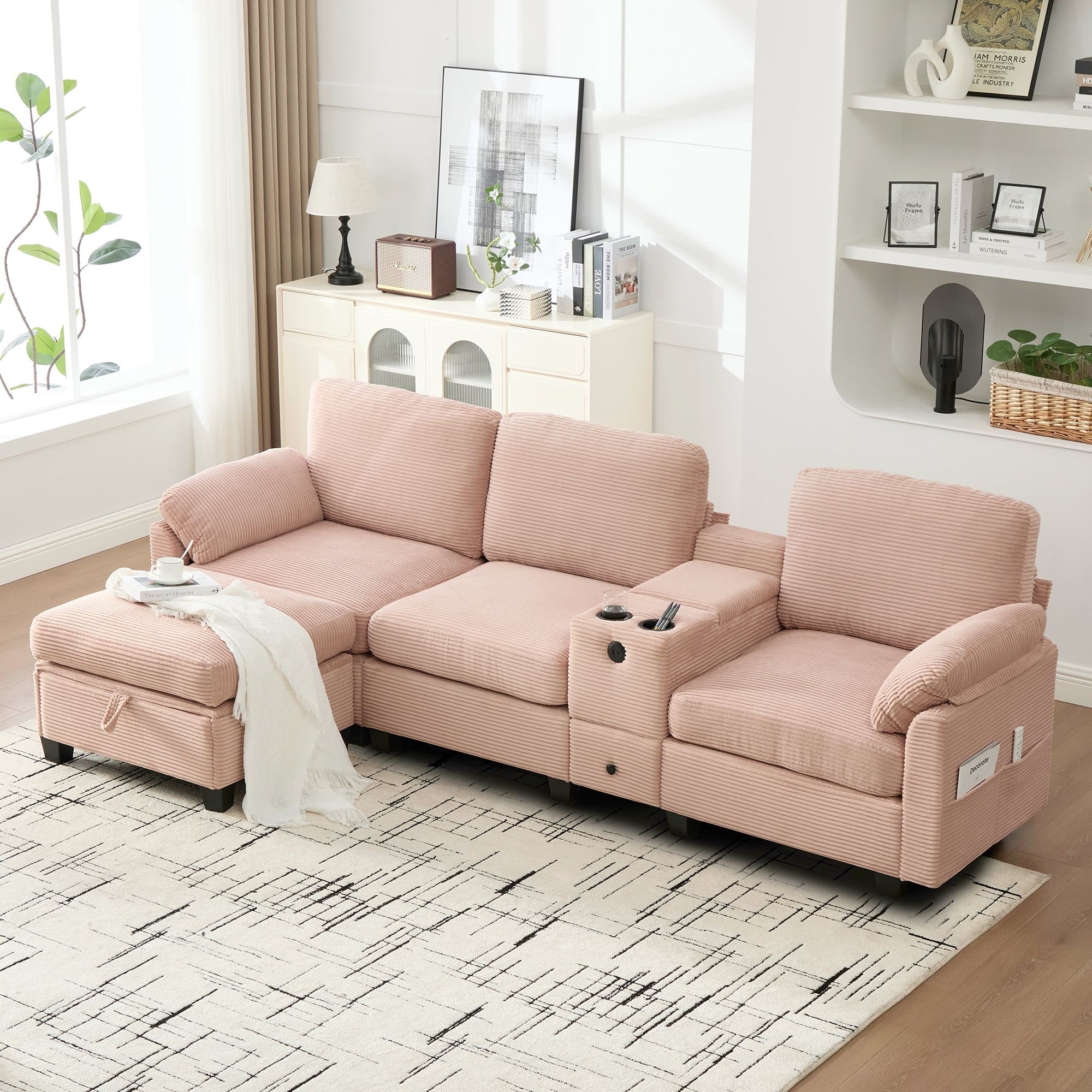 MOONMISS Corduroy Upholstered L-Shaped 4-seater Storage Multifunctional Sectional Sofa with Storage Ottoman-Pink