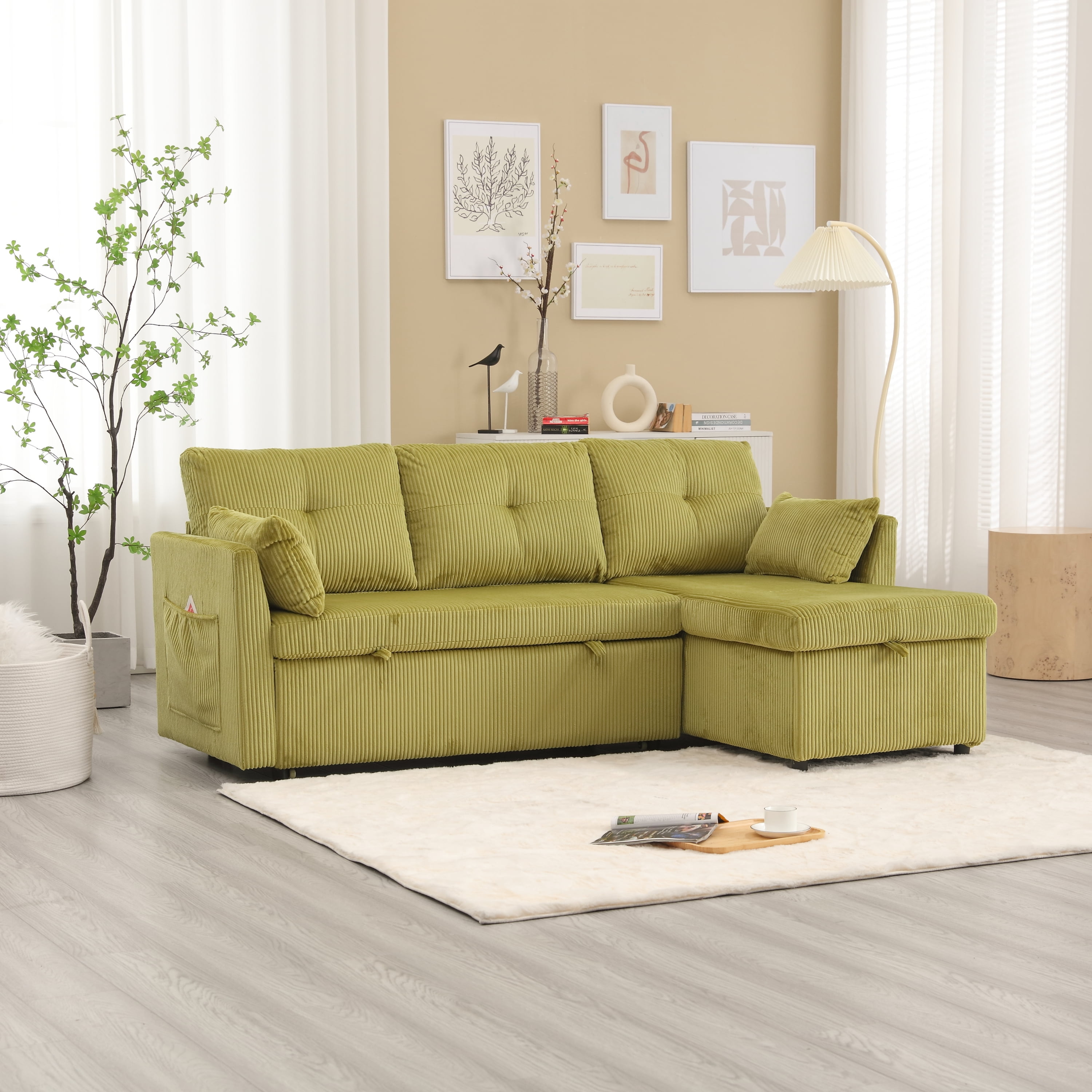MOONMISS Corduroy Upholstered L-Shaped Storage Reversible Chaise Sectional Sofa with Side Pocket-Olive Green