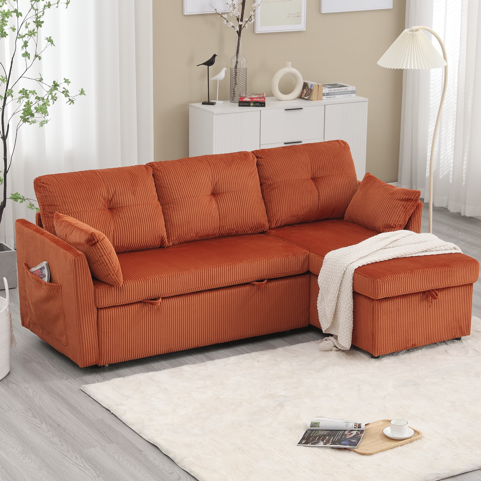 MOONMISS Corduroy Upholstered L-Shaped Storage Reversible Chaise Sectional Sofa with Side Pocket-Orange