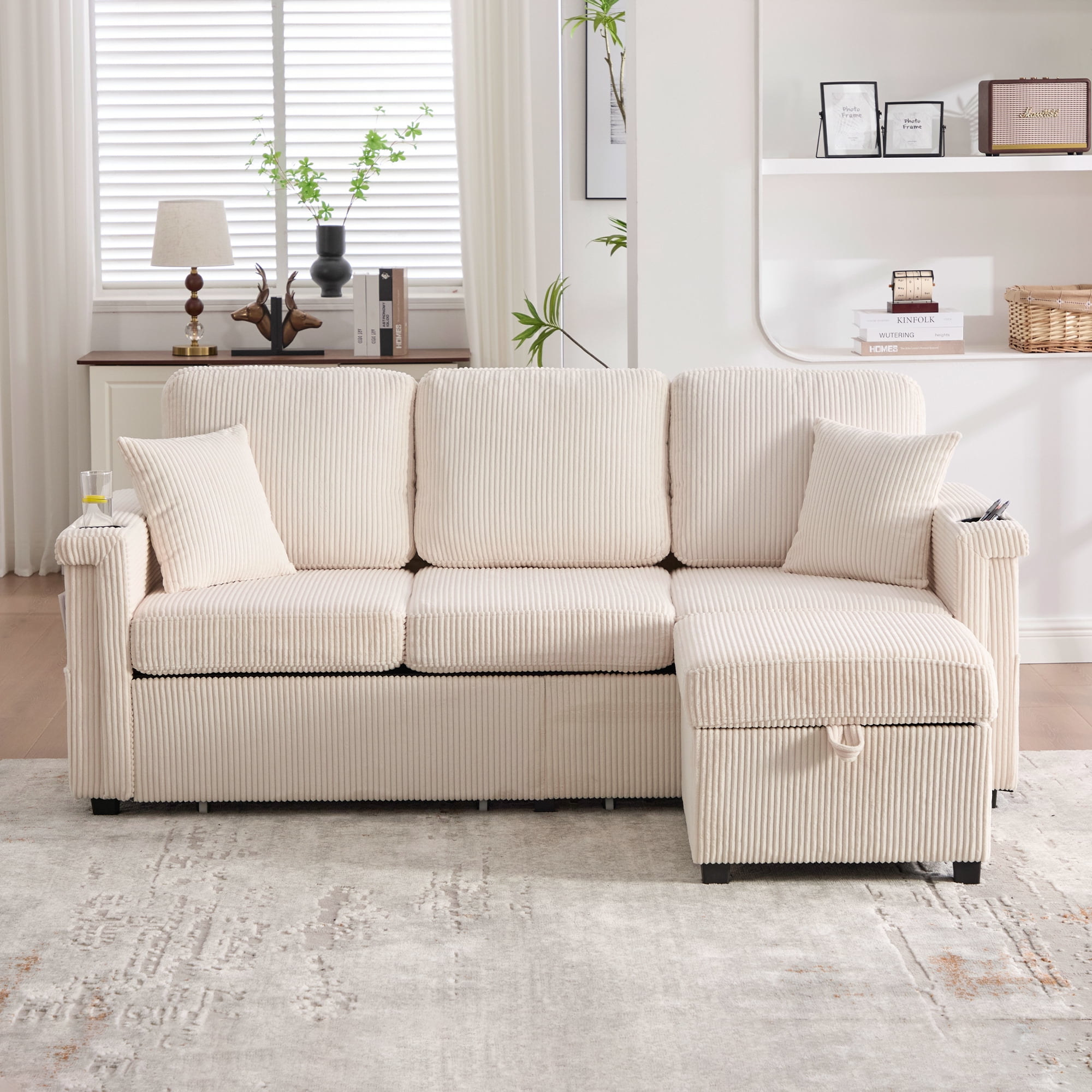 MOONMISS Corduroy Upholstered L-shaped Pull-Out Storage Sectional Sofa with Storage Ottoman,USB Charging,Cup Holder-Beige