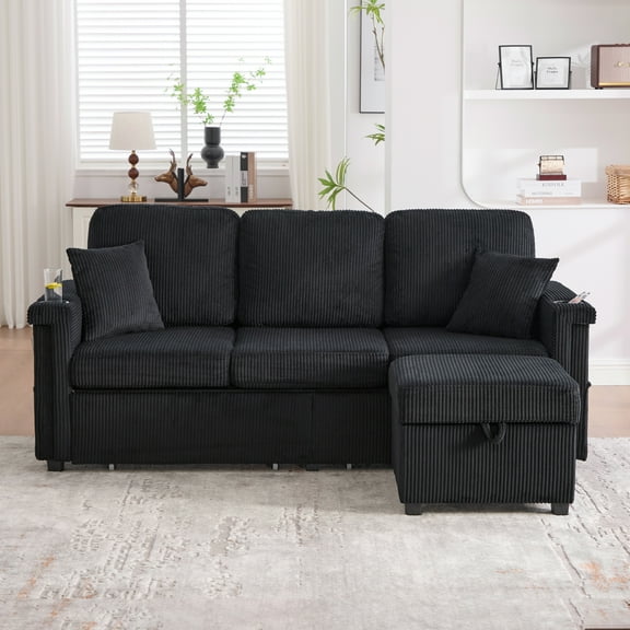 MOONMISS Corduroy Upholstered L-shaped Pull-Out Storage Sectional Sofa with Storage Ottoman,USB Charging,Cup Holder-Black