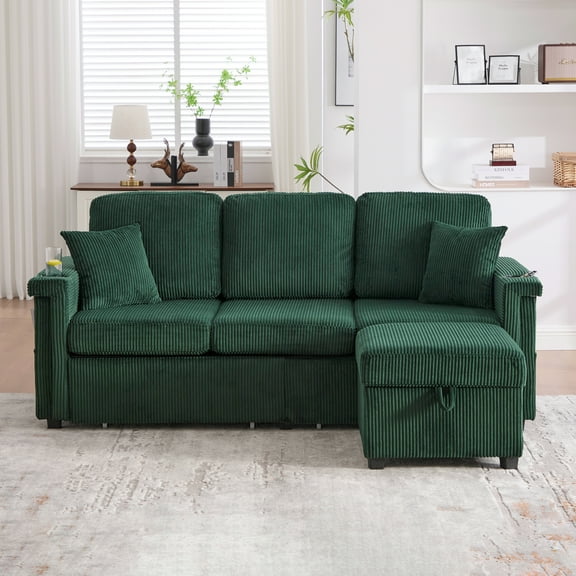 MOONMISS Corduroy Upholstered L-shaped Pull-Out Storage Sectional Sofa with Storage Ottoman,USB Charging,Cup Holder-Emerald