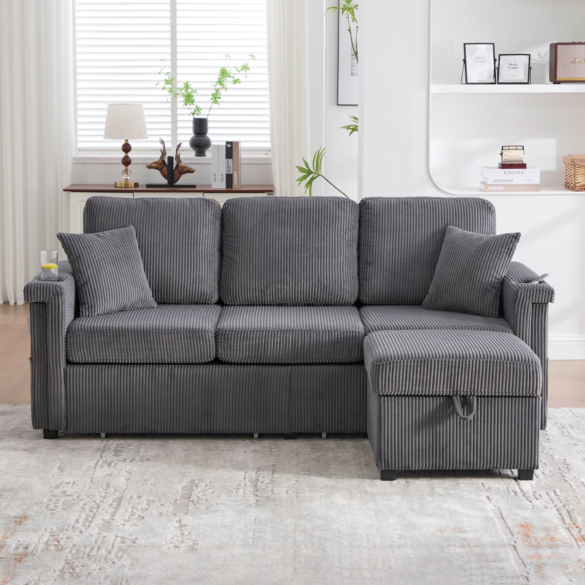 MOONMISS Corduroy Upholstered L-shaped Pull-Out Storage Sectional Sofa with Storage Ottoman,USB Charging,Cup Holder-Gray