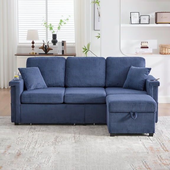 MOONMISS Corduroy Upholstered L-shaped Pull-Out Storage Sectional Sofa with Storage Ottoman,USB Charging,Cup Holder-Navy Blue