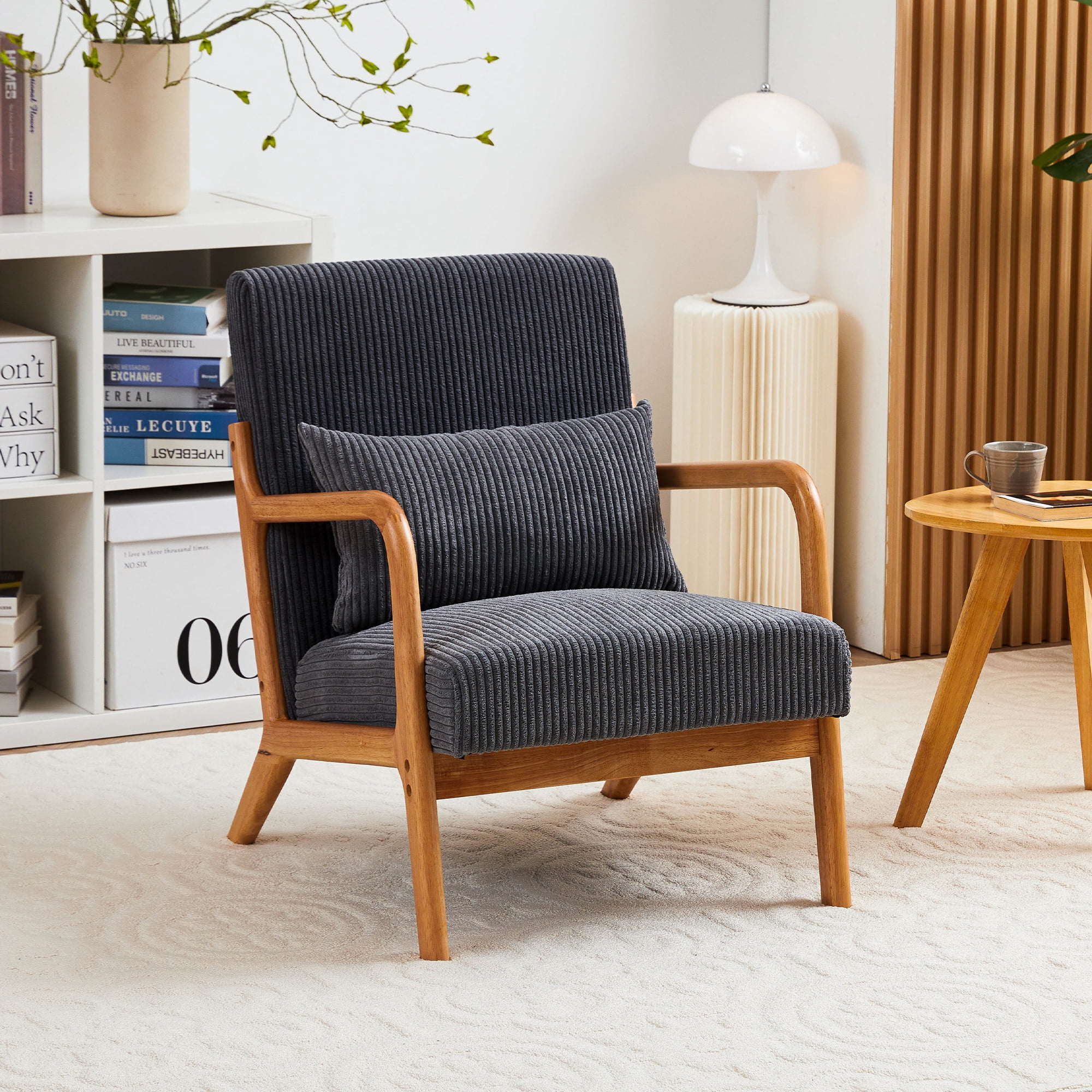 MOONMISS Corduroy Upholstered Mid-Century Modern Wood Frame Single Armchair-Dark Gray