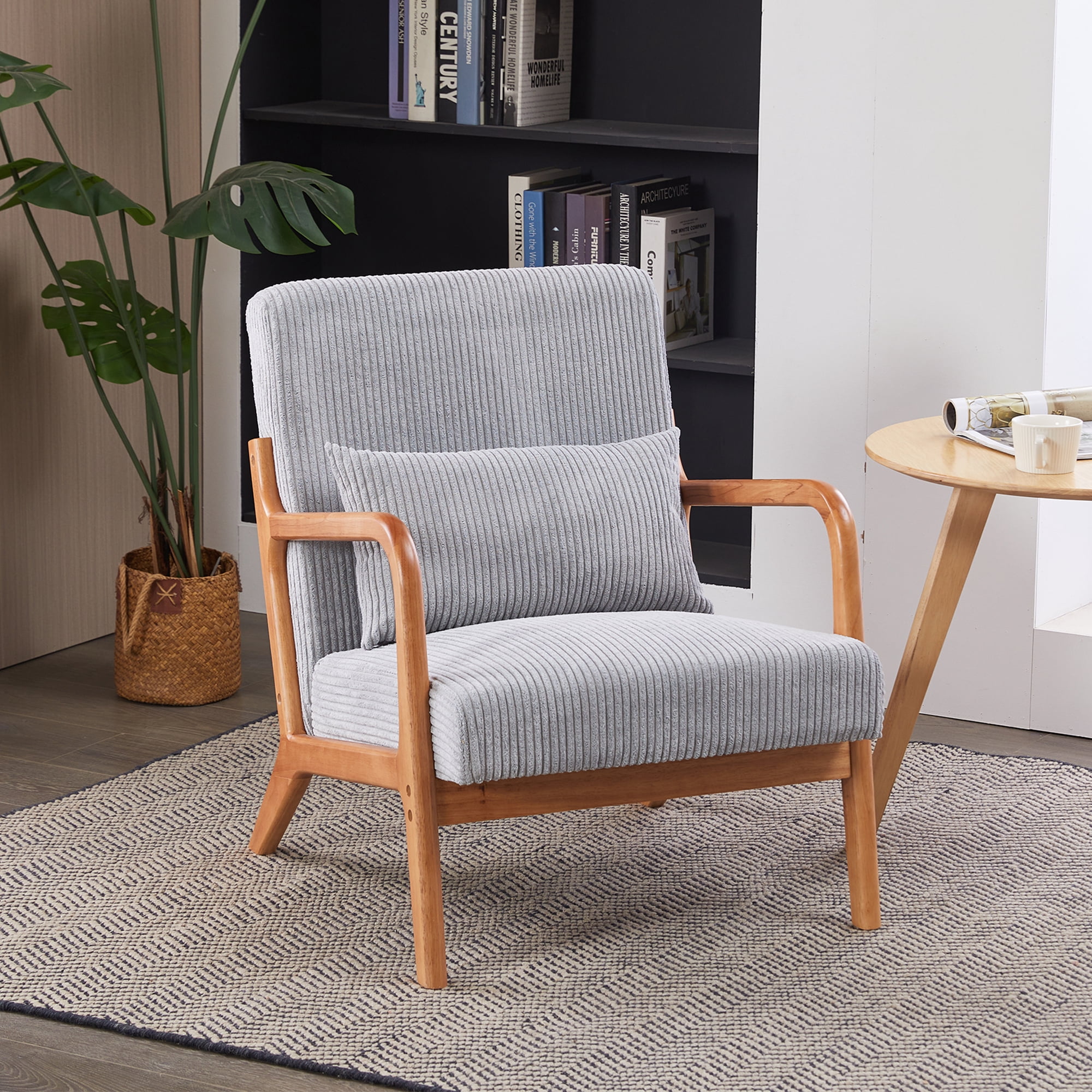 MOONMISS Corduroy Upholstered Mid-Century Modern Wood Frame Single Armchair-Light Gray