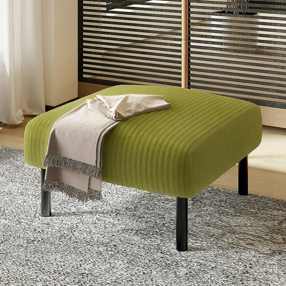 MOONMISS Corduroy Upholstered Mid-century Modern Square Wood Frame Ottoman with Soft Padded Seat-Olive Green