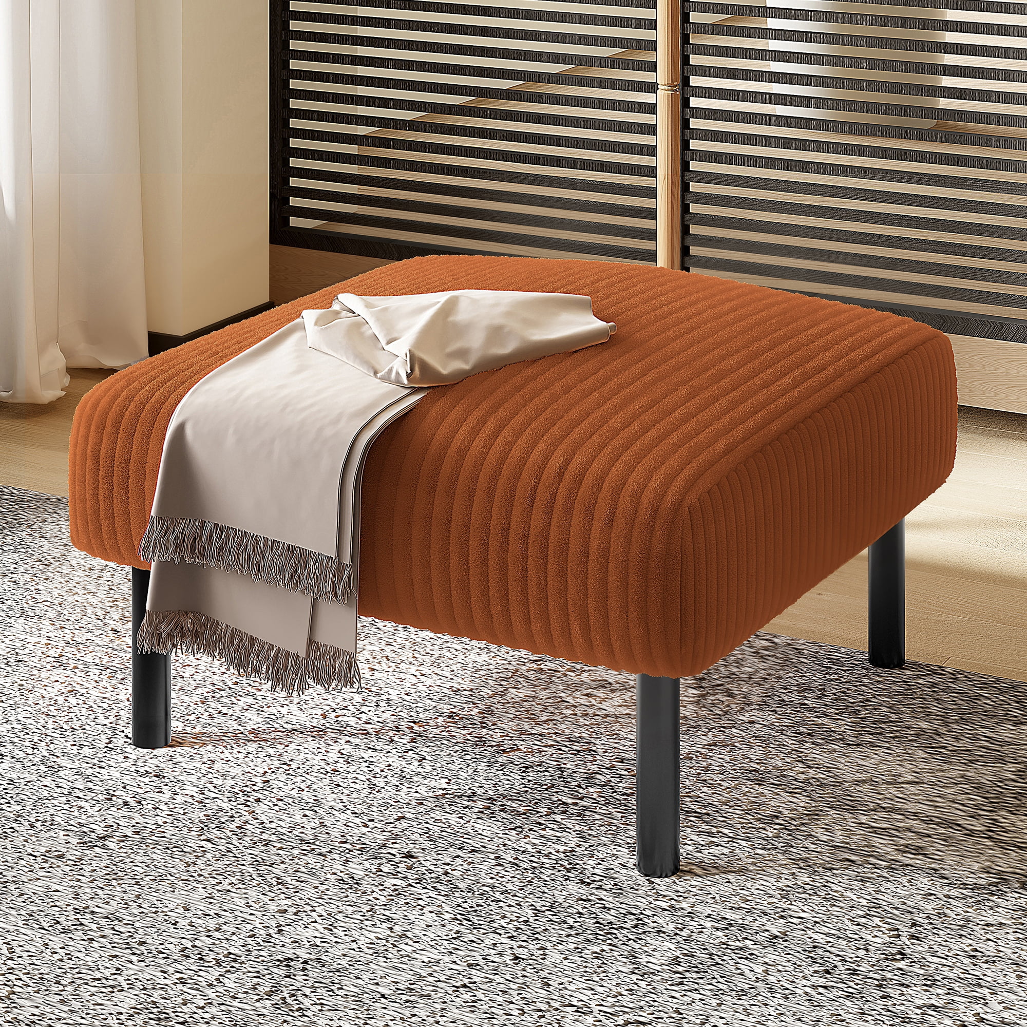MOONMISS Corduroy Upholstered Mid-century Modern Square Wood Frame Ottoman with Soft Padded Seat-Orange