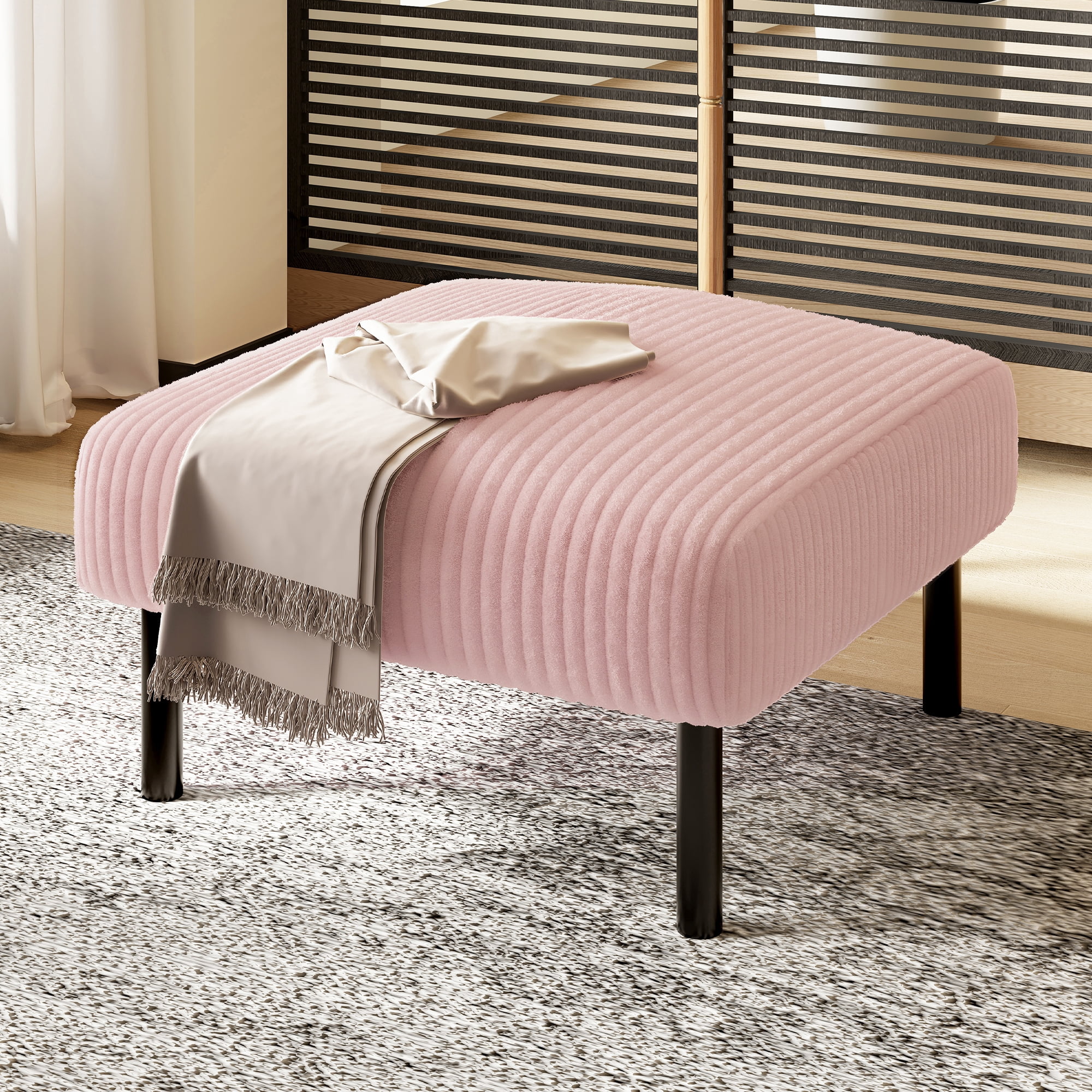 MOONMISS Corduroy Upholstered Mid-century Modern Square Wood Frame Ottoman with Soft Padded Seat-Pink