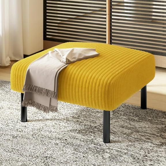 MOONMISS Corduroy Upholstered Mid-century Modern Square Wood Frame Ottoman with Soft Padded Seat-Yellow