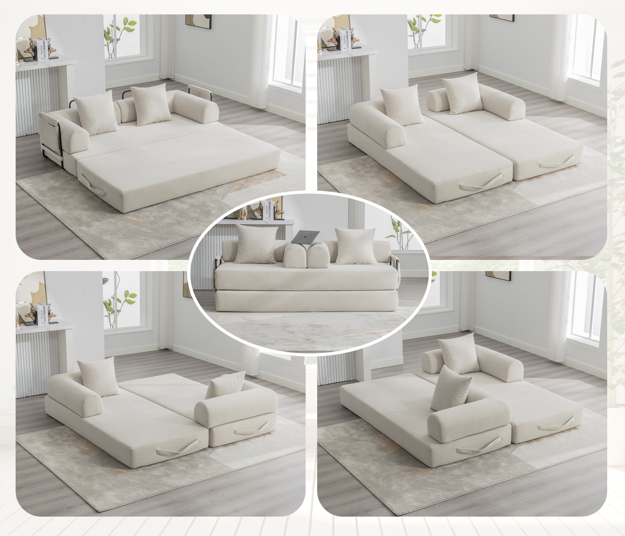 MOONMISS Corduroy Upholstered Modern Comfort Foldable Compressible Sofa Bed with Sturdy Metal Frame-Beige