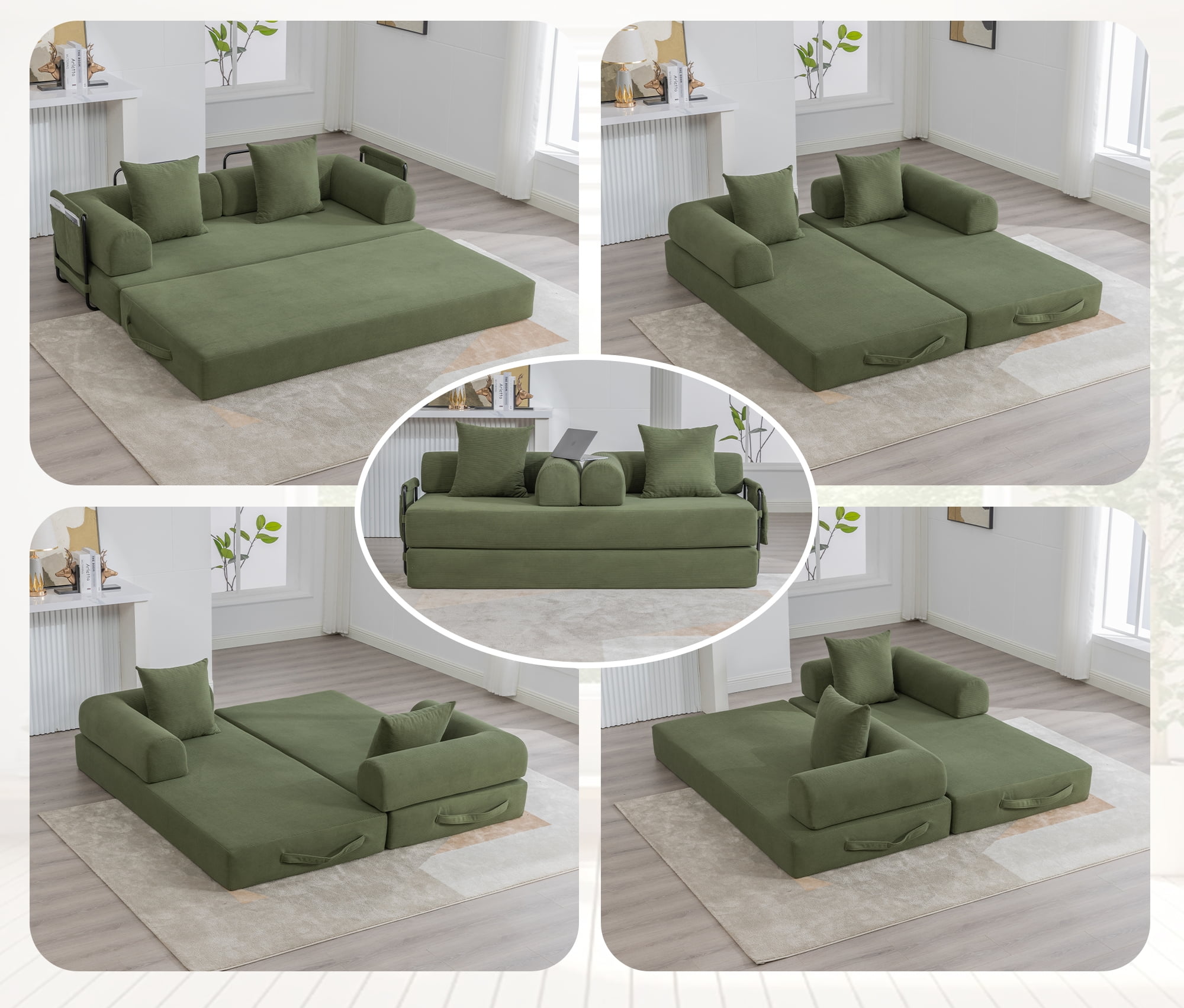 MOONMISS Corduroy Upholstered Modern Comfort Foldable Compressible Sofa Bed with Sturdy Metal Frame-Olive Green