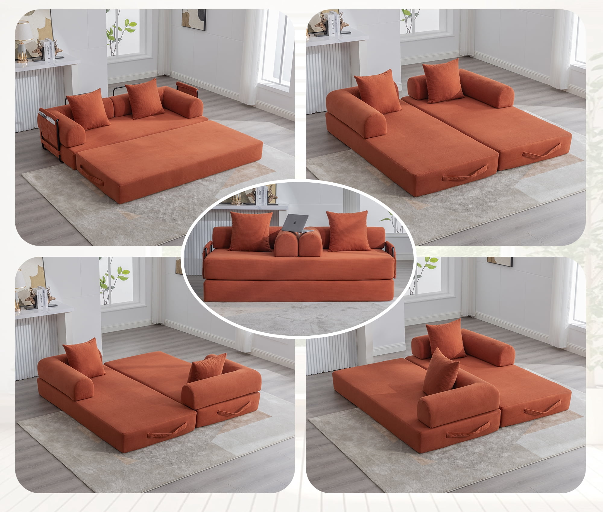 MOONMISS Corduroy Upholstered Modern Comfort Foldable Compressible Sofa Bed with Sturdy Metal Frame-Orange